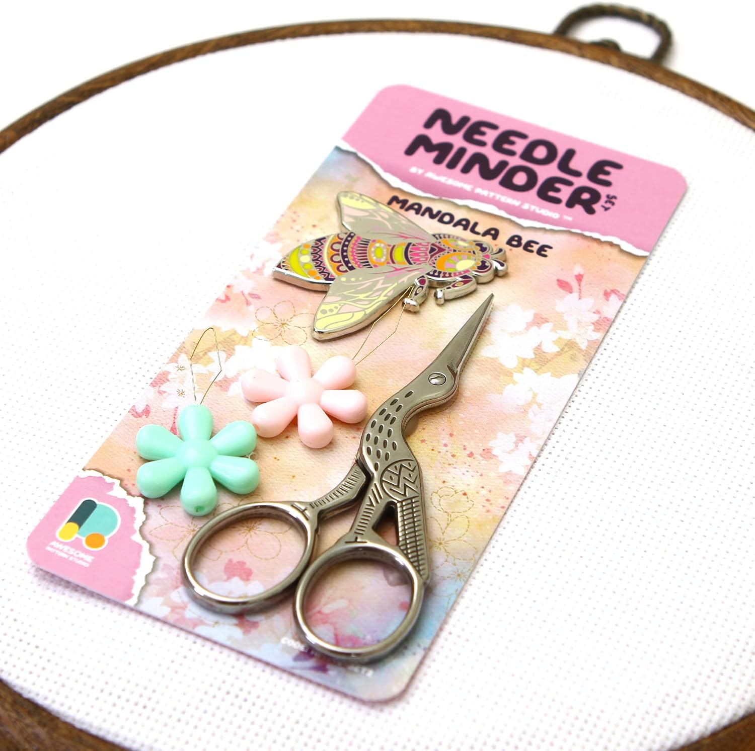 Awesome Pattern Studio Needle Minder Set - Mandala Bee Magnetic Needle Minder + 2 Needle Threaders + Crane Scissors. Enamel Pin for Cross Stitch, Embroidery and Craft