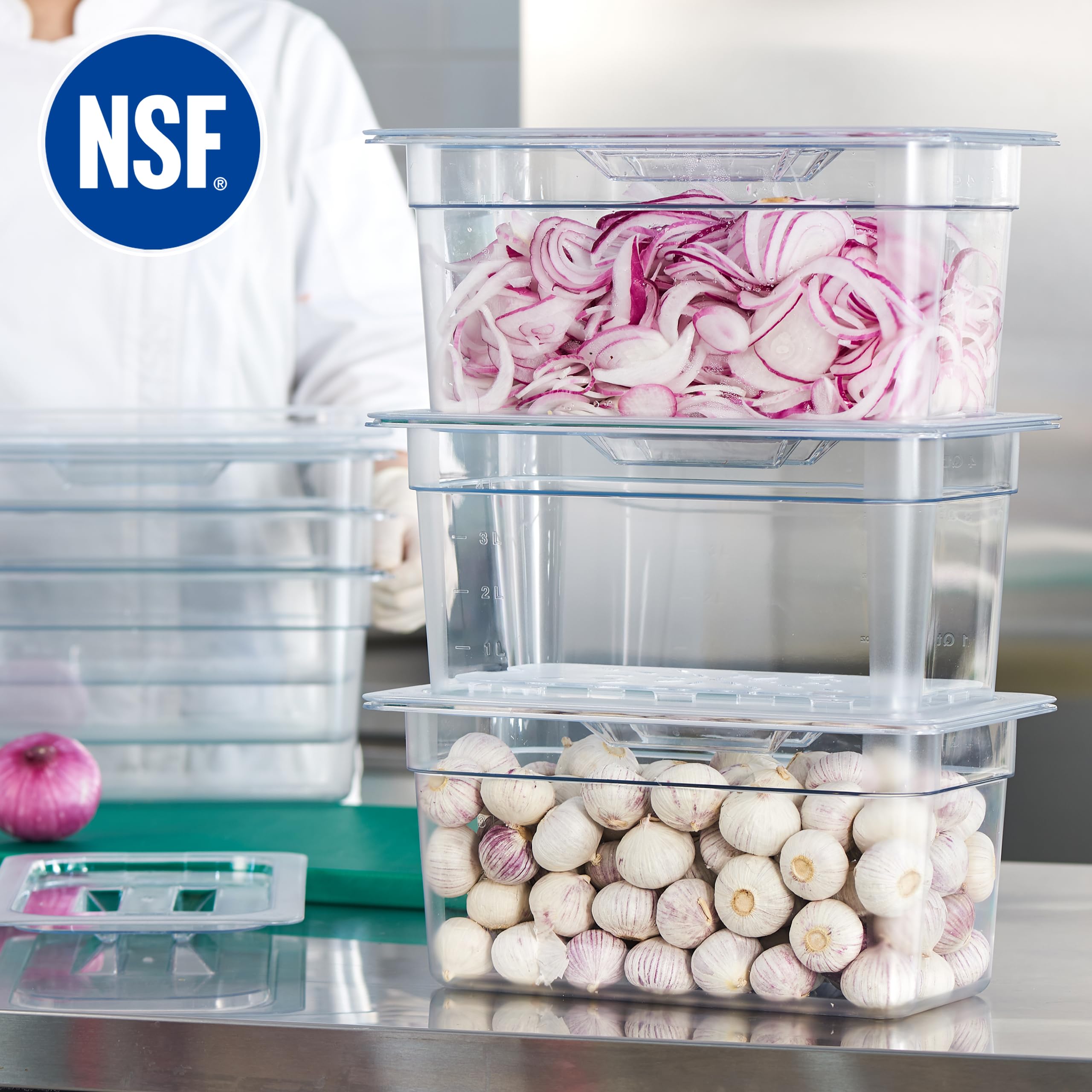 CURTA Confezione da 6 teglie per alimenti in policarbonato NSF da 1,3 cm, con coperchio dentellato e vassoio di scarico, lavabili in lavastoviglie e freezer, contenitori trasparenti per tavoli da