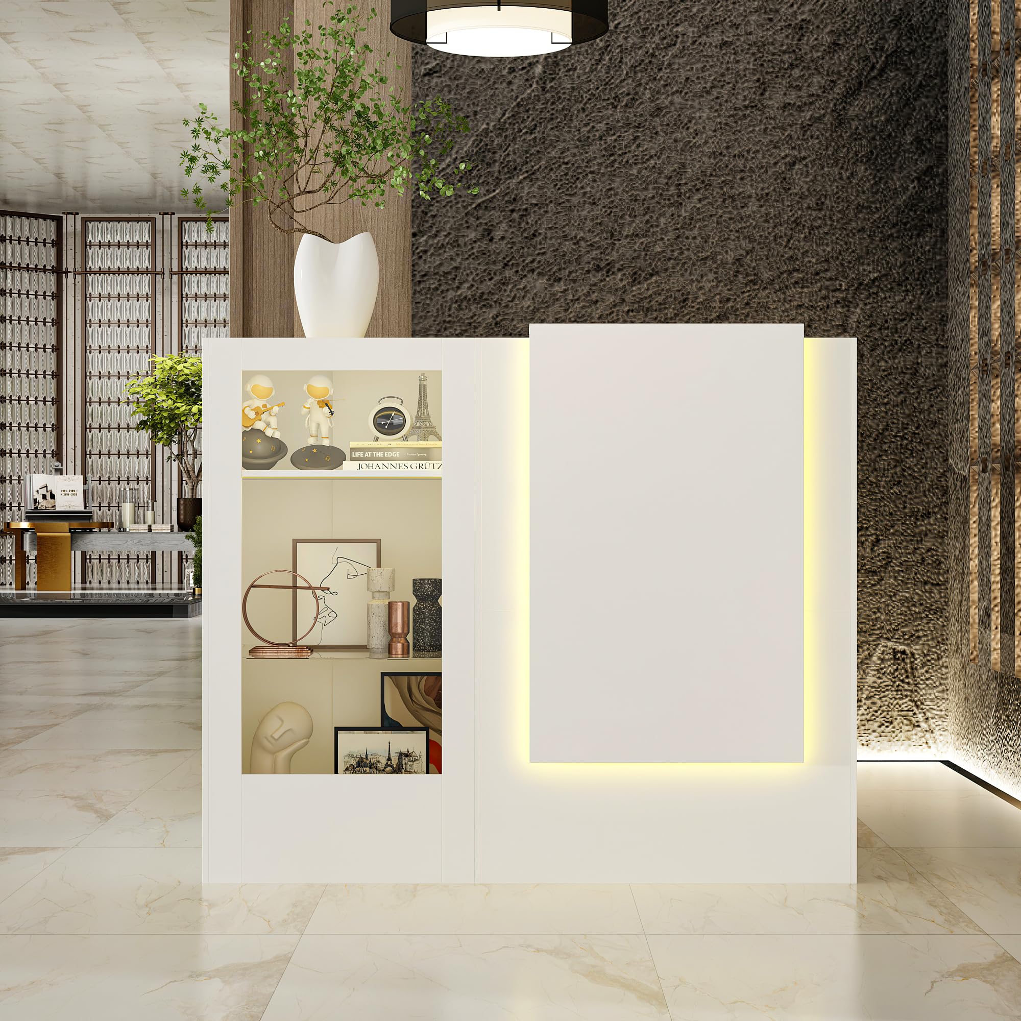 Cassetto angolare bianco con cassetto tastiera e 2 armadi, cassette ricezione con strisce luminose e vetro tempered, tavolo reception 120x122