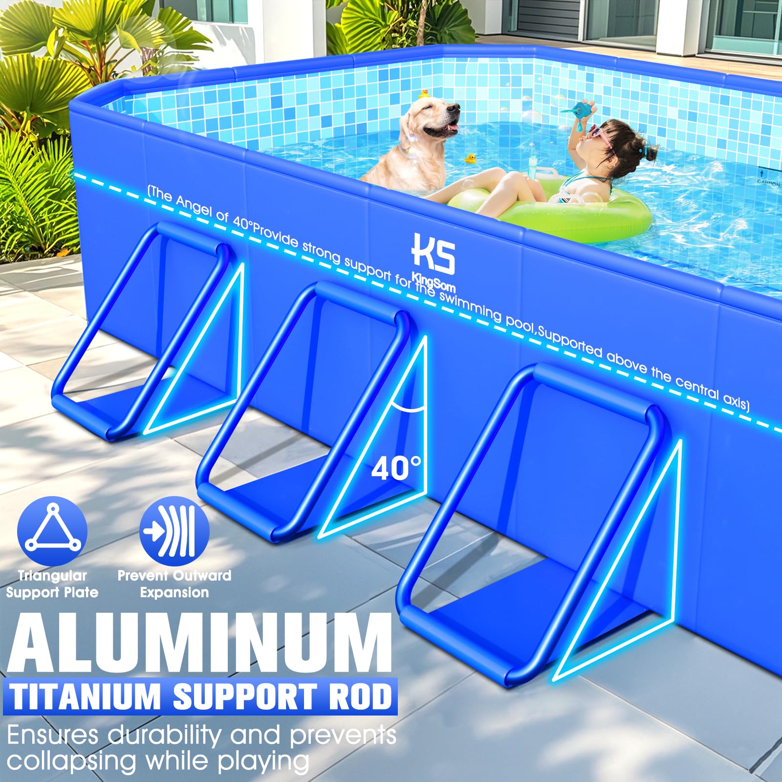 KingSom Rectangular Frame Pool,Faltbarer Schwimmbecken, Aufstellpool Rechteckig Groß,Überdimensionale Verdickung, Gartenpool,Schnelle Installation Swimmingpool Schwimmbad für Garten, 300 x 185 x 51 cm