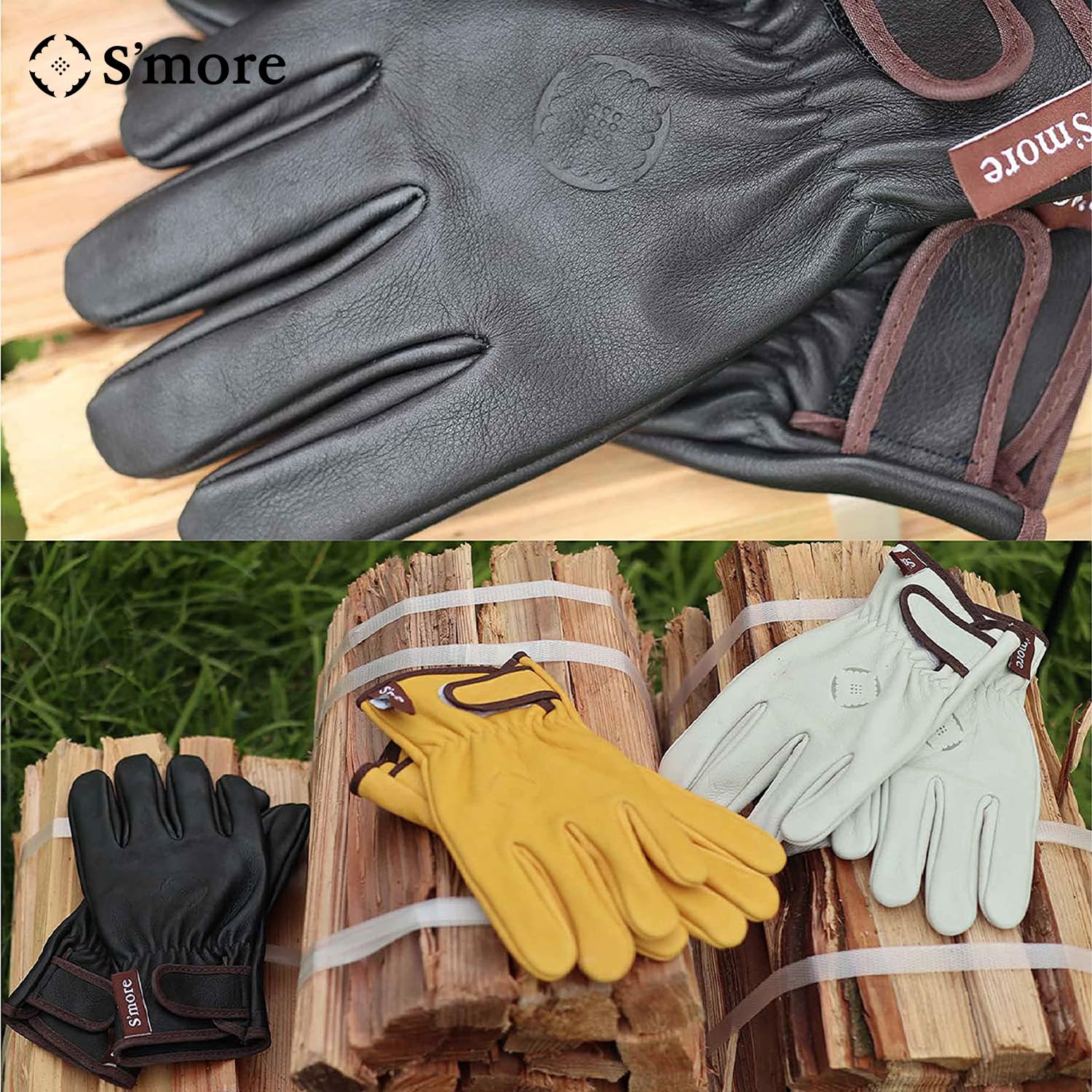 S'more Guantes de trabajo de cuero para hombres y mujeres, guantes de trabajo de cuero vacuno con cierre de muñeca, resistentes al calor, resistentes a pinchazos y cortes, camping, patio, construcción
