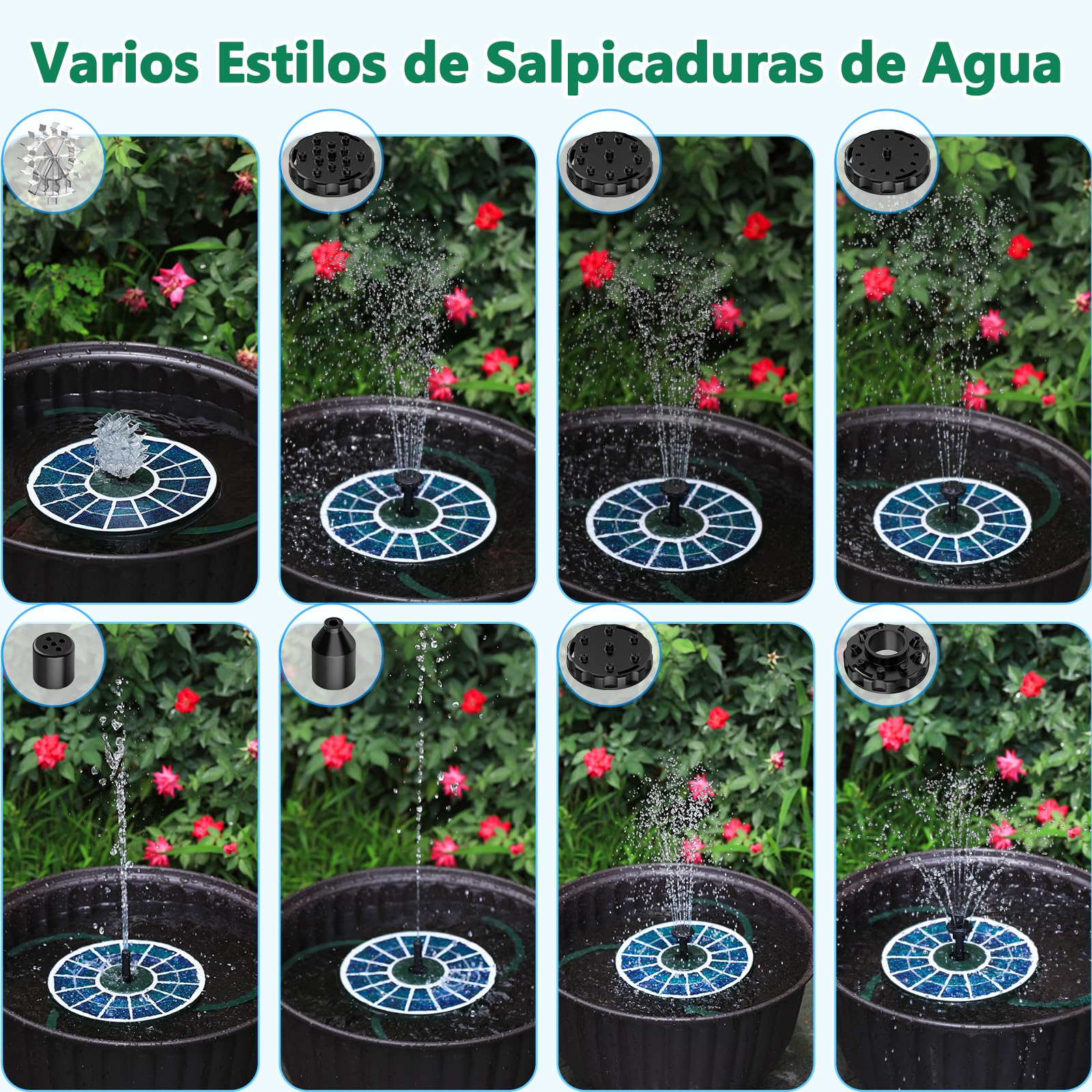 AISITIN Fuente Solar Jardin Exterior, Fuente Jardin con Múltiples Boquillas y Soportes Fijos, Bomba de Agua Solar con Panel de Cristal Verde Oscuro para Estanque, Piscina,Baño de Pájaros
