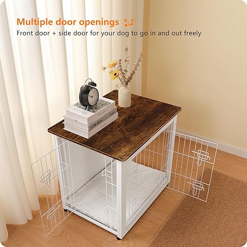 Miniatura 8 de DWANTON Mueble de jaula para perros con cojín, mesa de madera para perros, muebles de perro de doble puerta, perrera de interior, casa de perro,