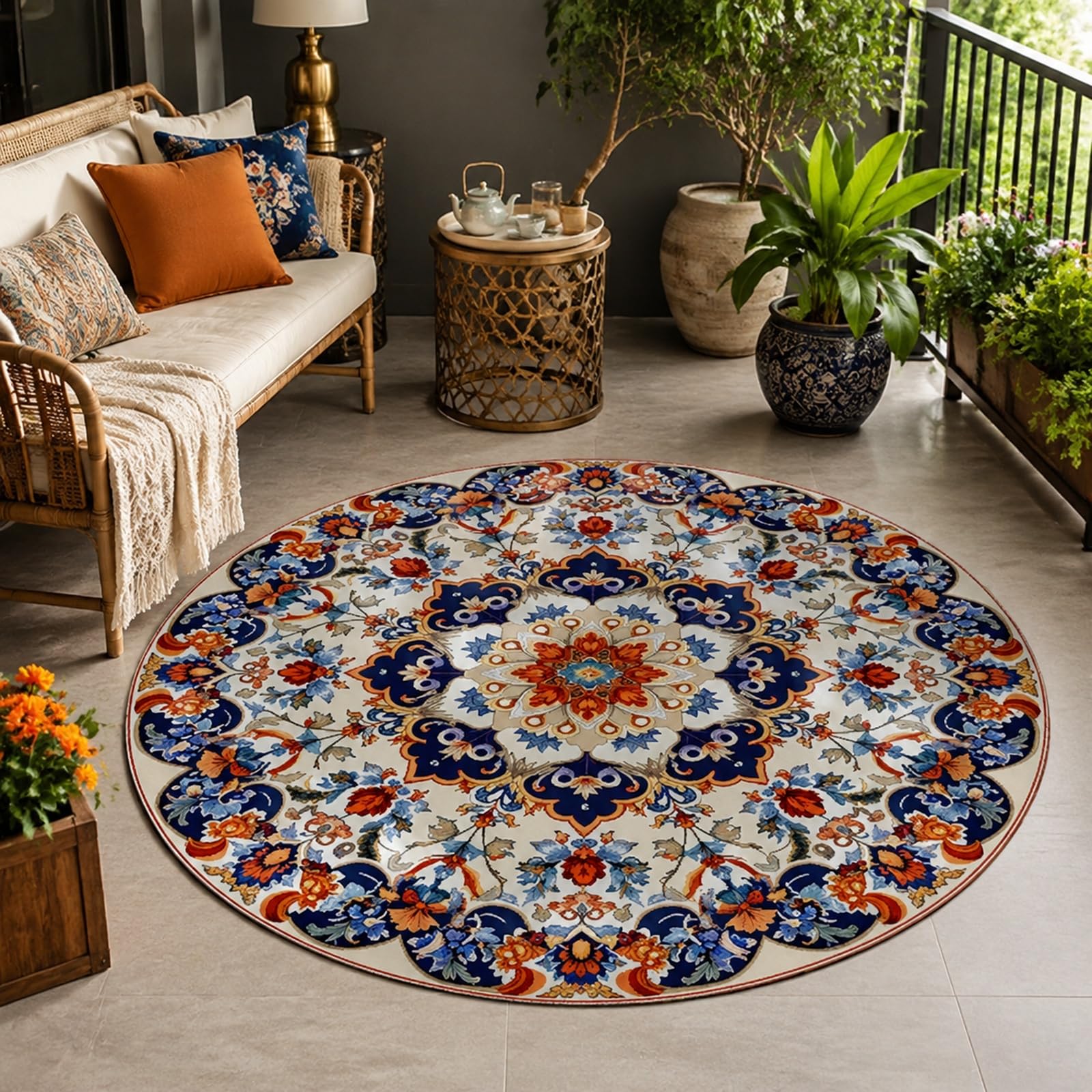 Tapis rond motif floral rétro bleu marine orange 100 cm tapis de sol commode chambre