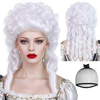 Hair Cap+ White Curly Baroque Wig Ringlet Curls 18th Century Wig Synthetic Updo White Female Judge Lawyer Wigs Powdered Wigs for Women Cosplay Halloween Costume Christmas Masquerade Party
