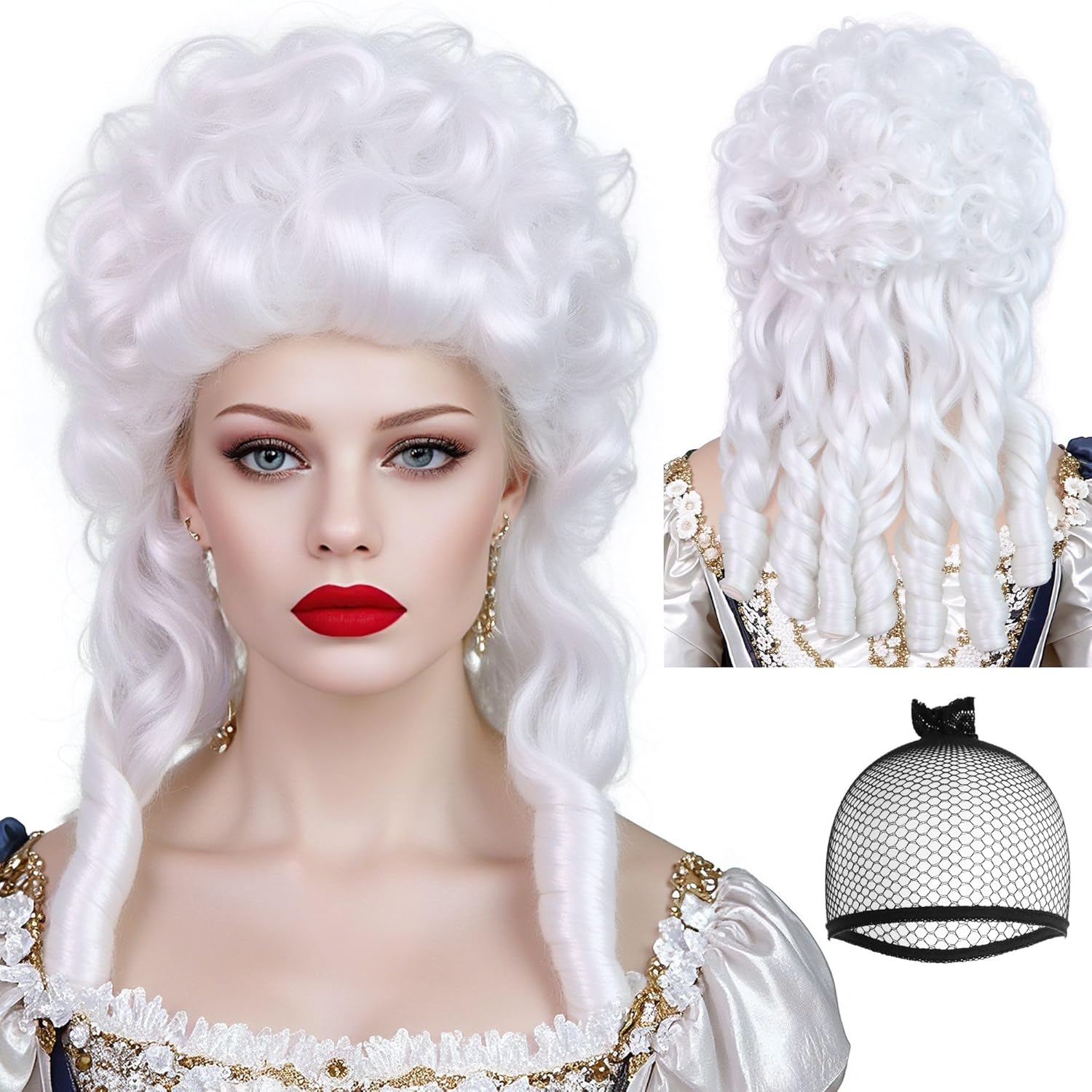 ANOGOL Hair Cap+ White Curly Baroque Wig Ringlet Curls 18th Century Wig Synthetic Updo White Female Judge Lawyer Wigs Powdered Wigs for Women Cosplay Halloween Costume Christmas Masquerade Party
