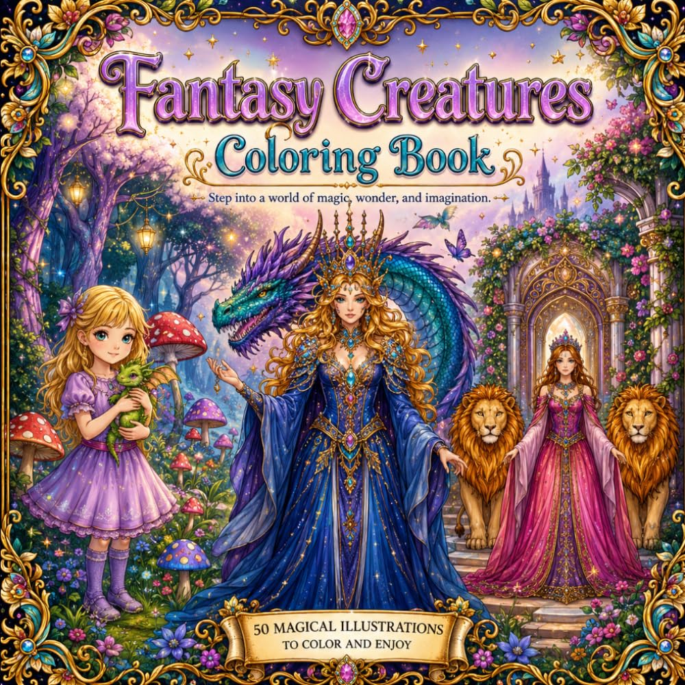 “Fantasy Creatures Coloring Book for Adults: Dragons, Unicorns, Mermaids, Fairies & More Magical Designs for Stress Relief and Relaxation
