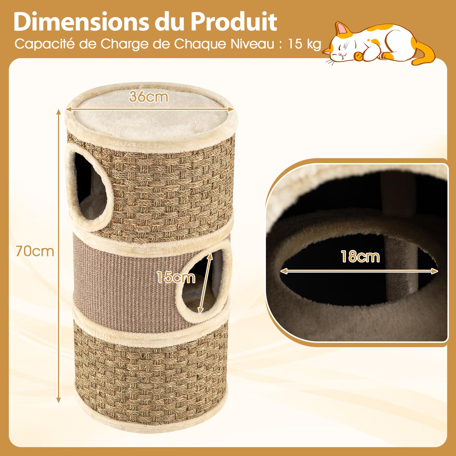 GYMAX Tonneau Griffoir avec 3 Grandes Entrées, Revêtu de Sisal et Cordes Tissées Résistants à Gratter, Perchoir Supérieur Doux à Se Reposer, Trous Internes, 36 x 36 x 70 cm