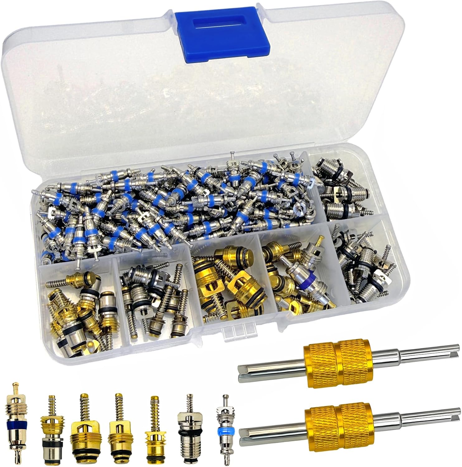 132Pcs Air Conditioning Valve Core Accessories Kit, A/C R410/R32/R22 R134a Refrigeration HVAC Valve Cores Repair Kit with Double Head Dual Dismantling Remover Installer Tool Assortment Kit
