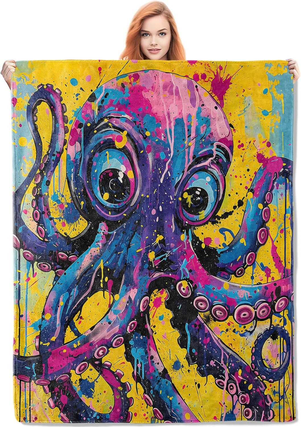 Octopus Art Blanket Gifts for Women, Sea Creature Theme Flannel Blanket, Soft Warm Lightweight Throw Blankets for Bedding Sofa Couch Home Travel Decor 50" x 60"