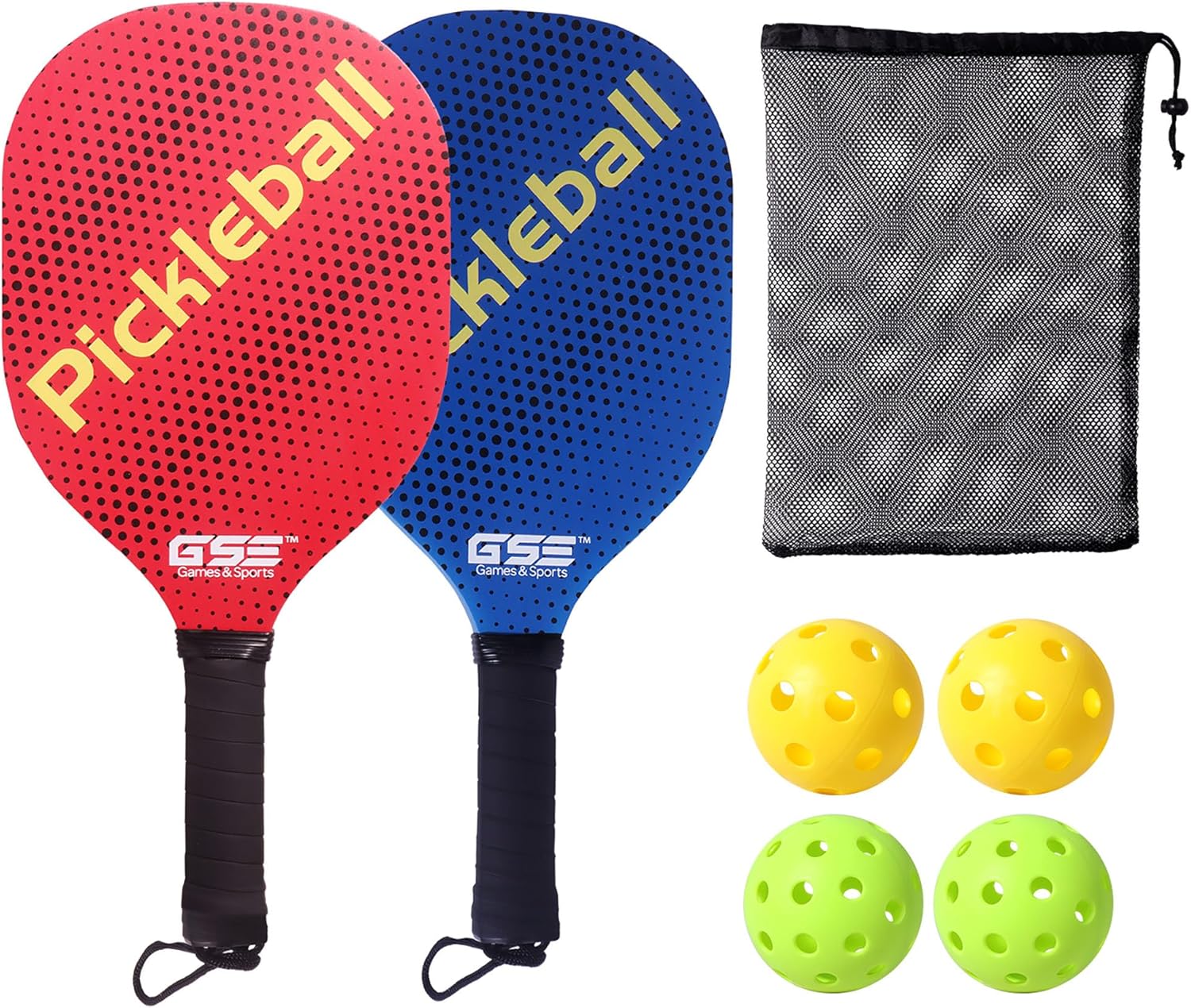 GSE Games & Sports Expert Pickleball Paddles Set with Lightweight Pickleball Rackets & Indoor/Outdoor Pickle-Balls & Mesh Carrying Bag for Family and Friends (2 Paddles/4 Balls or 4 Paddles/6 Balls)