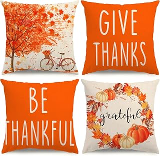 Fall Decor Pillow Covers 18x18 Set of 4 Fall Farmhouse Decorations Grateful Pumpkin Outdoor Fall Harvest Decorative Throw Pillow Covers Thanksgiving Cushion Case for Couch Sofa