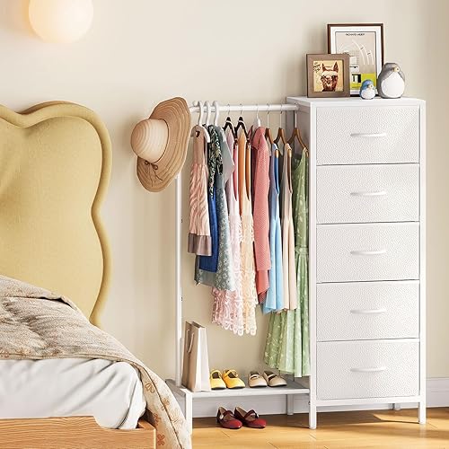 Miniatura 7 de Snughome Dresser with Hanging Rack, Clothes Hanging Rack with 5 Drawers, White Dresser with Clothes Rack, Fabric Storage Chest of Drawers, Small