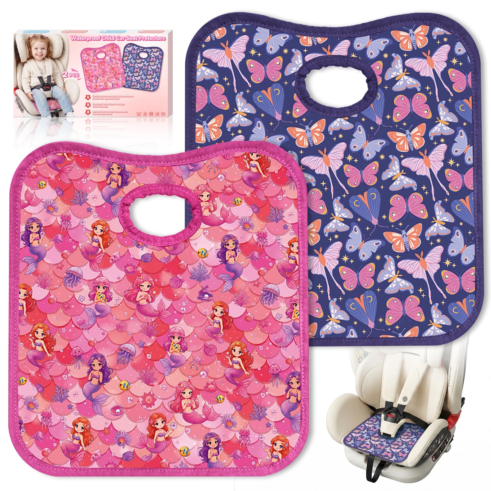 2 Pack Potty Training Car Seat Protector Waterproof Liner for Toddlers, Waterproof & Leak-proof Liners with Non-slip Base, Machine Washable, Fits All Baby Carseat, Mermaid & Butterfly