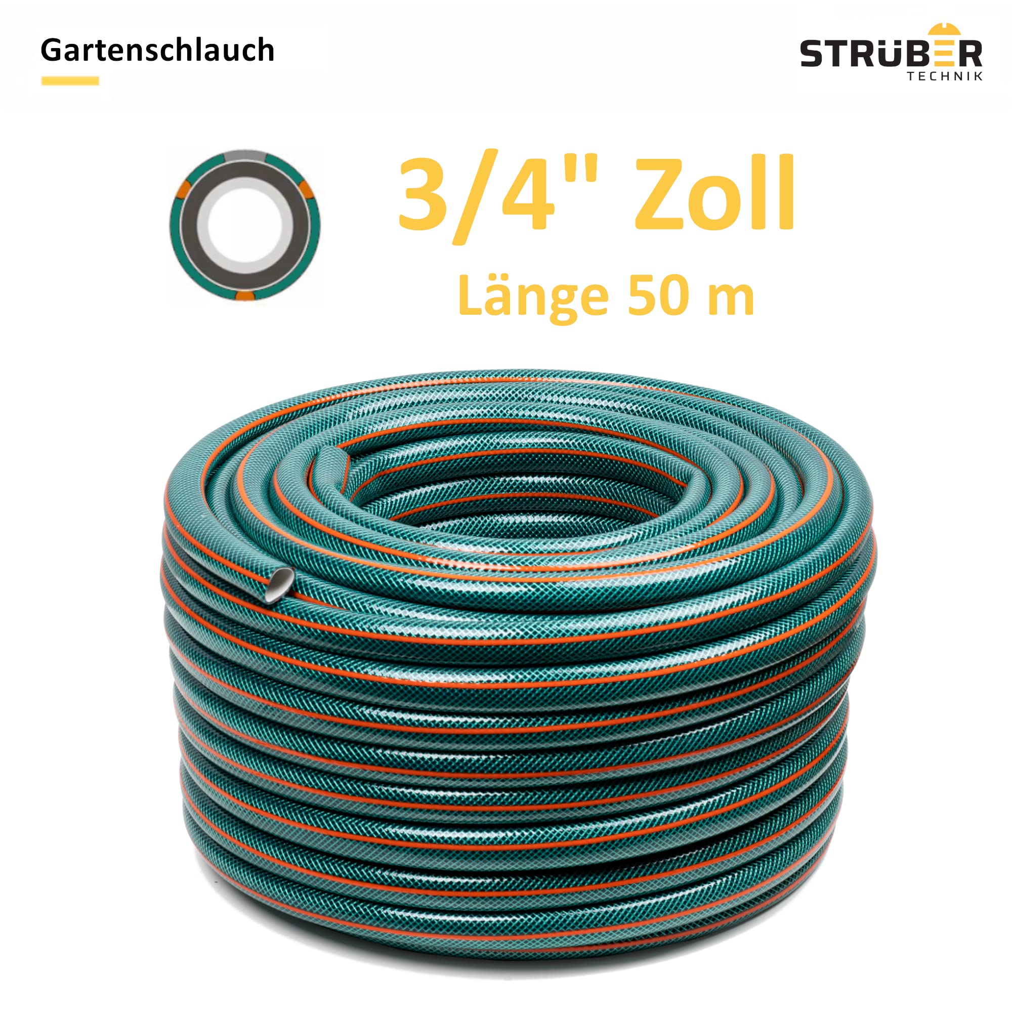 STRÜBER Tuyau d'arrosage à 4 couches (3/4" pouce / 50 m) Tuyau de jardin flexible et dimensionnellement BOS - Résistant aux UV