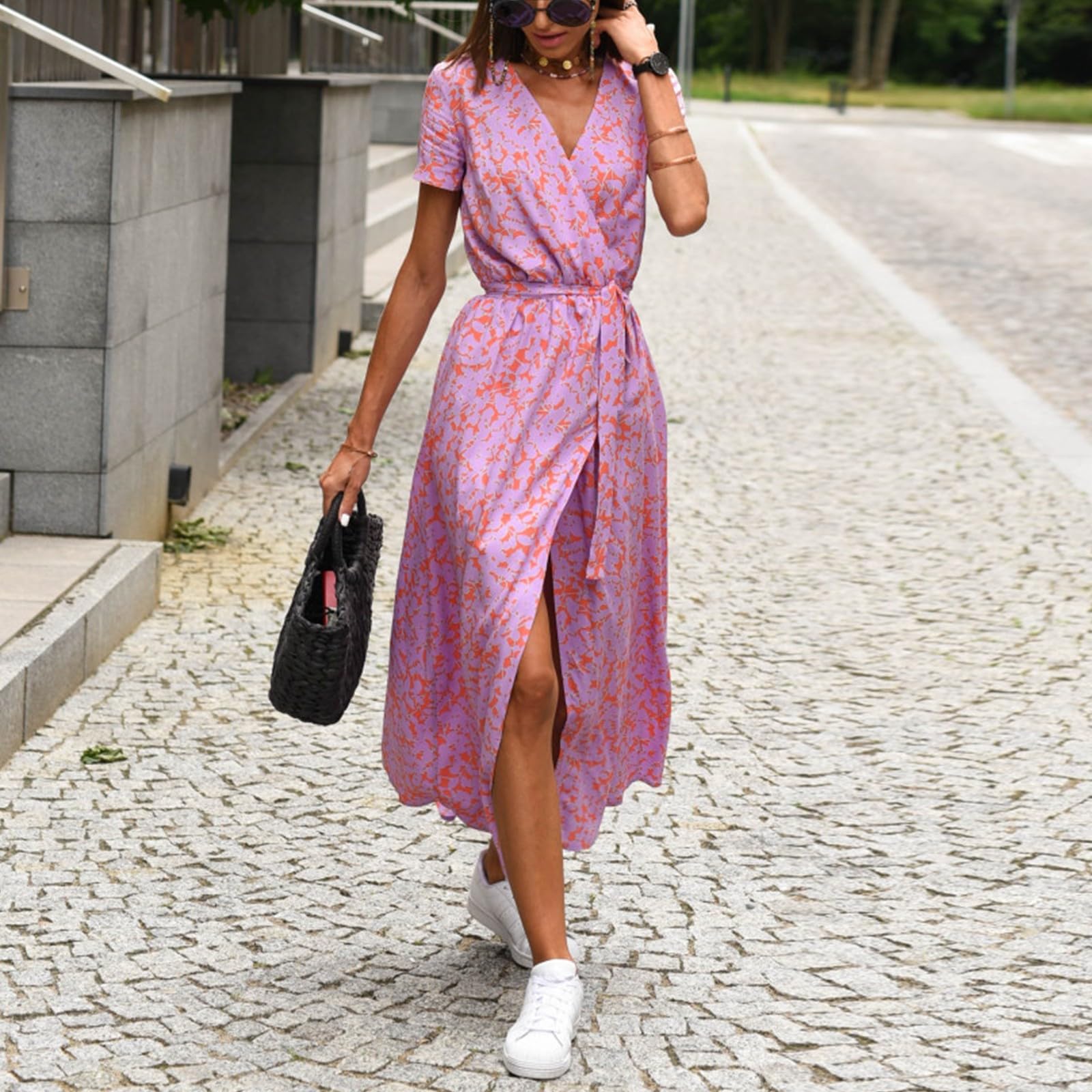 Sommerkleider Damen Leicht und Luftig Lang Blumenkleid Sommer A Linien Kleid V Ausschnitt Damenkleider Elegant Midikleid Curvy Freizeitkleid Italienische Kleider mit Schlitz Dresses for Women