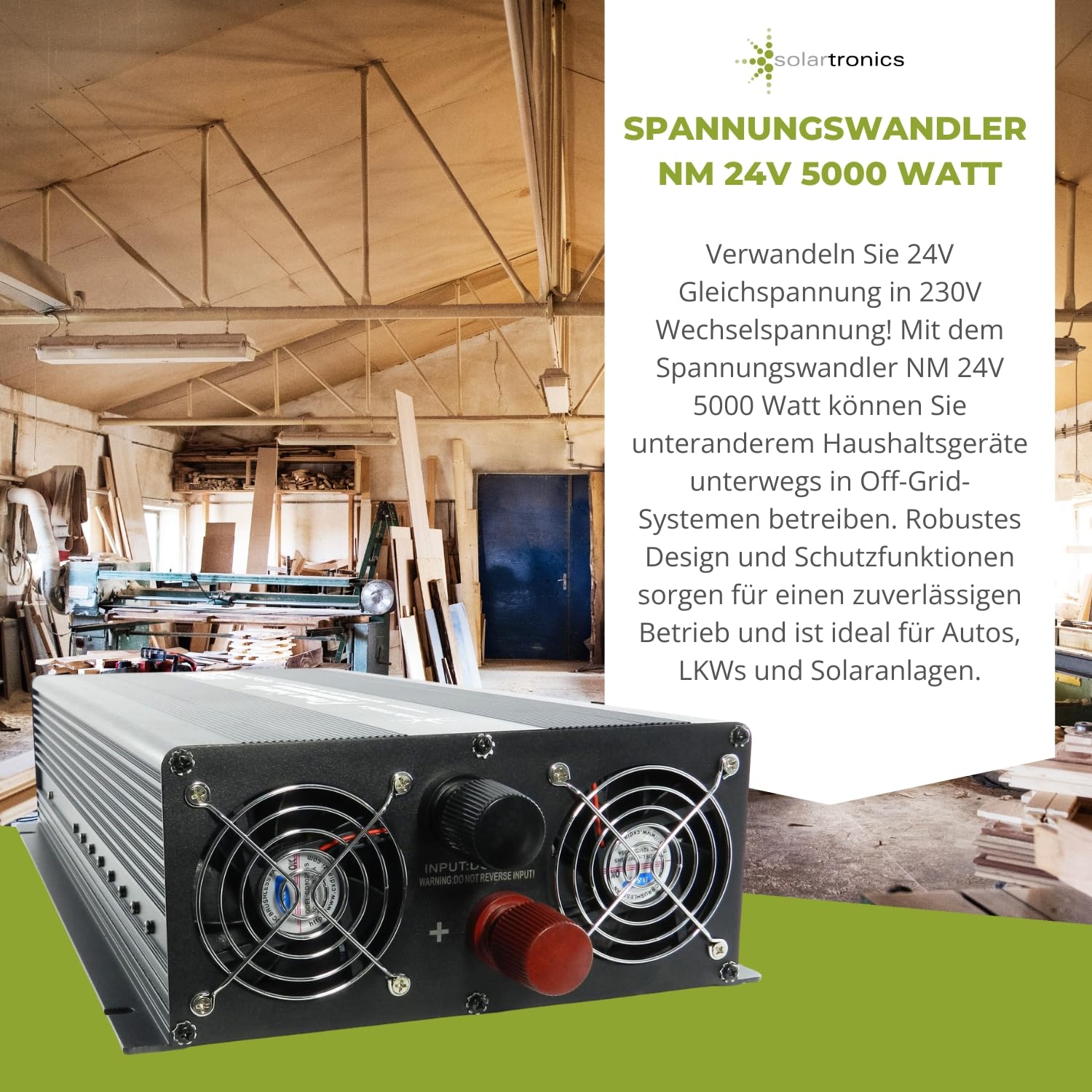 Solartronics NM5000 przetwornica napięcia 24 V 230 V zmodyfikowana sinus 5000 W - przepięcie 10000 W - falownik mocy 24 V na 230 V transformator prądowy ze złączem Schuko i USB konwerter falownika