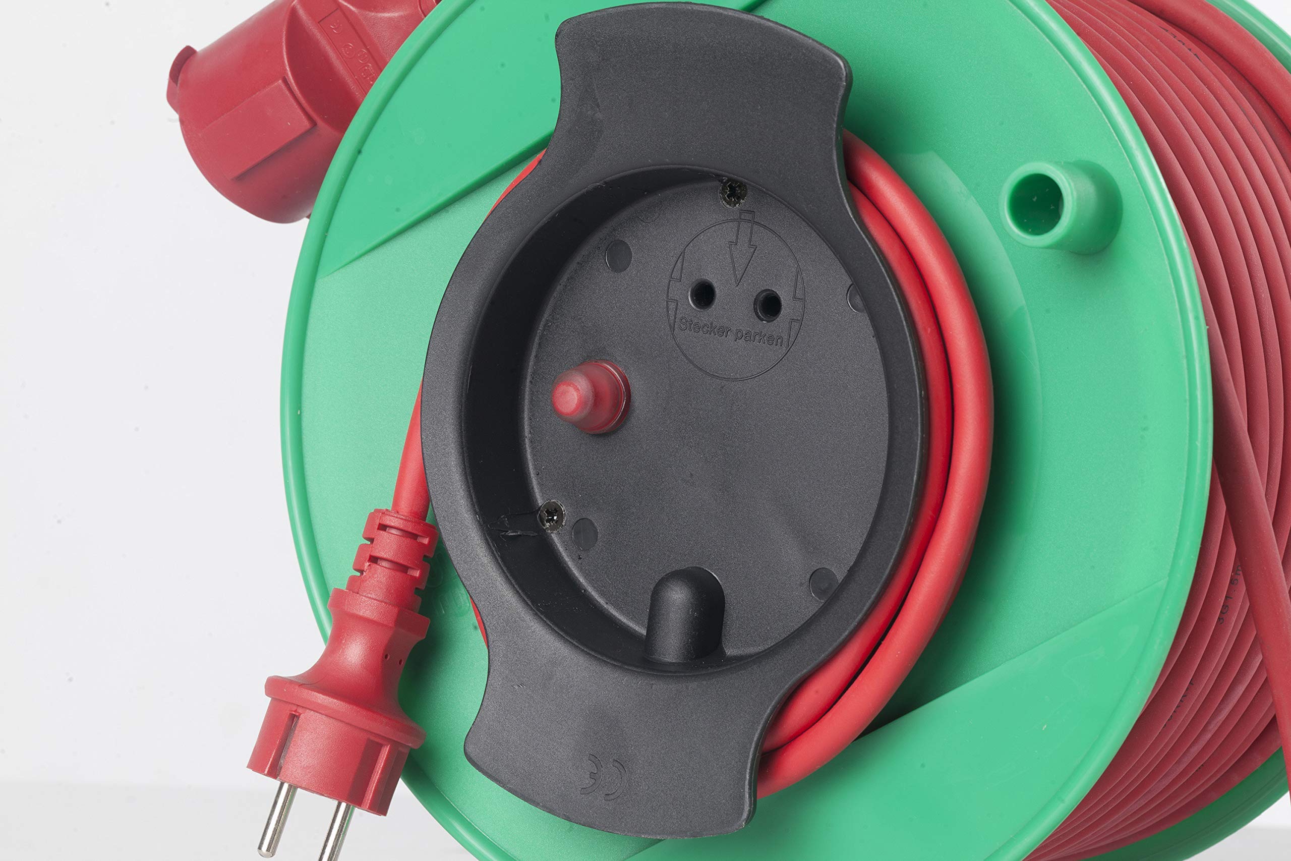 as - Schwabe enrollacables 25 m H05RR-F 3G1,5 rojo, IP44 exterior, 1 toma de corriente con toma de tierra, cable de conexión 1,5 m, Interruptor térmico, Made in Germany