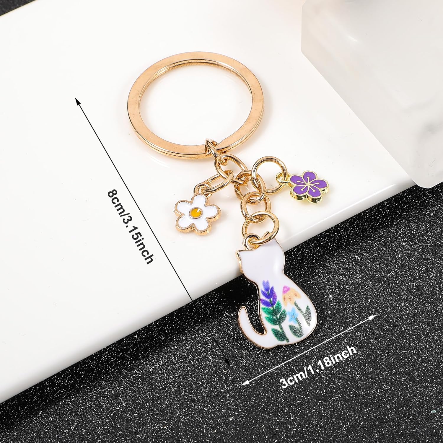 2PCS Cute Cat Keychain – Kawaii Enamel Cat Charm, Colorful Flower Design, Durable Alloy Key Ring for Women Men, Cats Lovers Gift, Bag & Backpack Accessories - Image 2