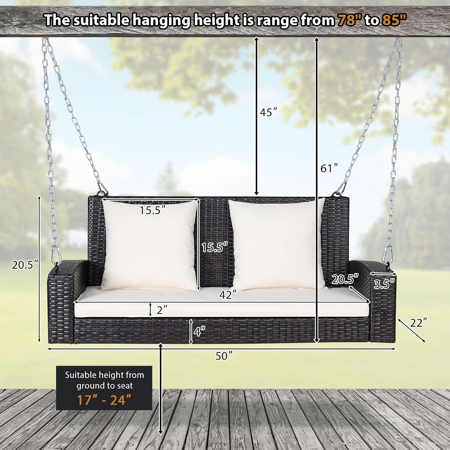 DORTALA Hanging Porch Swing, 2-Person Outdoor Wicker Swing Chair Bench with Cushions, 7.9Ft Steel Chains for Garden, Backyard, Deck & Poolside, White