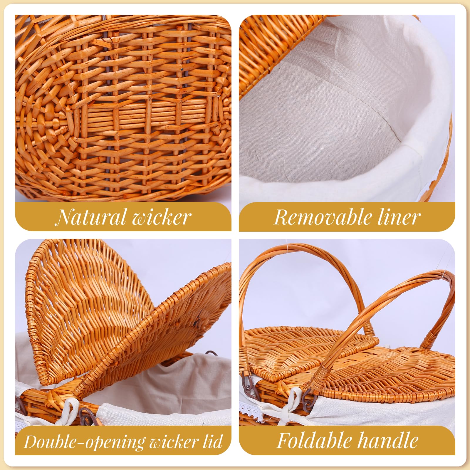 Juego de cesta de picnic de mimbre para 4 personas con tapa y asa, con forro lavable y juego de cubiertos para exteriores, camping, Halloween, Navidad y cumpleaños