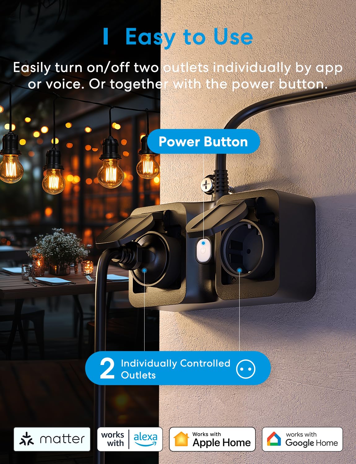 Meross Exteiror Enchufe Inteligente con Mide Consumo, WiFi Matter Enchufe 16A, Soporte para Matter, Alexa, Apple Home y Google Home, IP44, 1,5m Cable,Negro, Núcleo de cobre