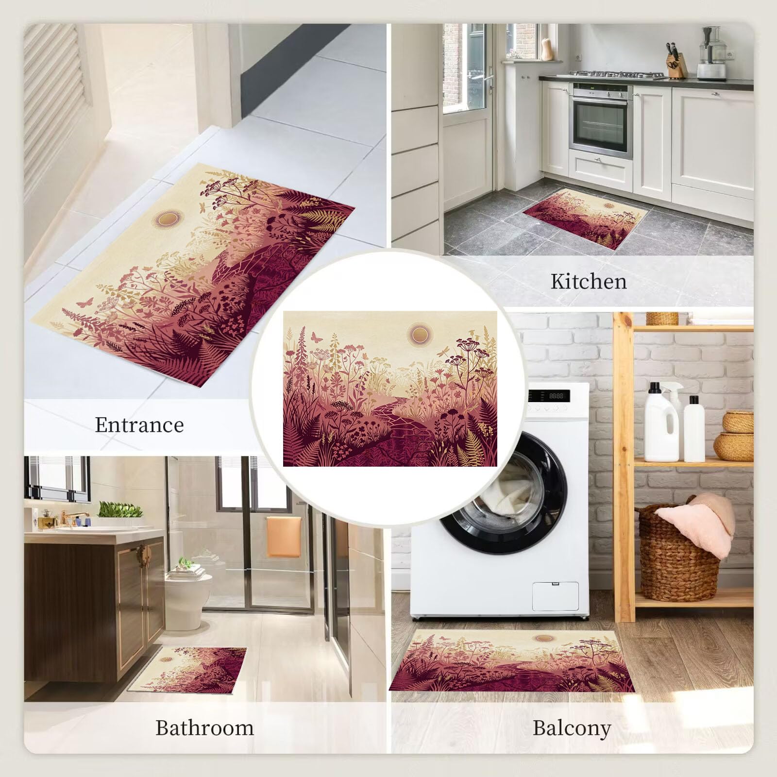 Zerbino Interni Paesaggio Vegetale Rurale 60X90Cm, Antiscivolo Lavabile, Tappeto Da Ingresso Tranquillo Sentiero Nel Giardino, Tappetino Pelo Basso Antipelo Per Porta D’Ingresso, Rosso