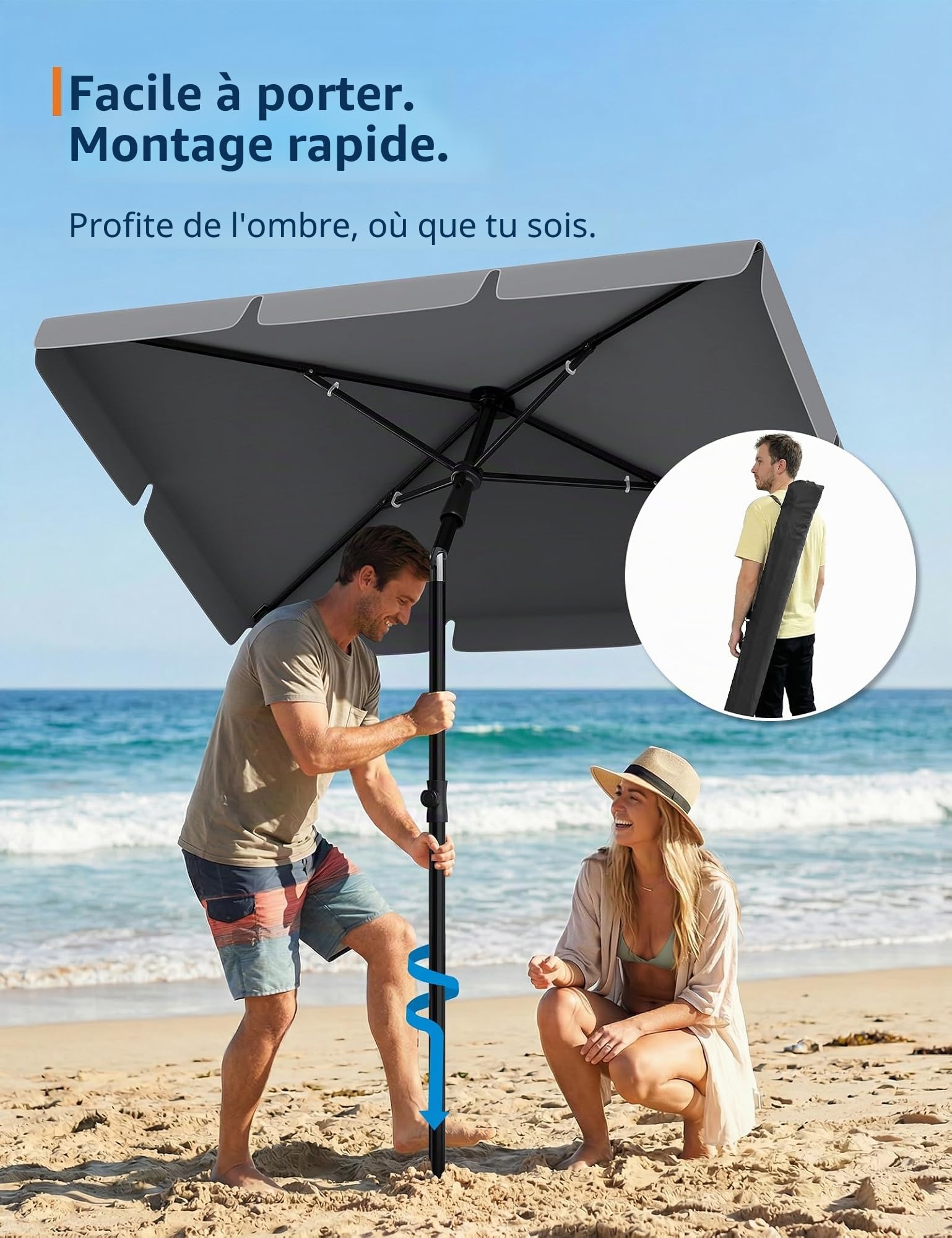 Parasol rectangulaire 200x125 cm UV50+ – Toile polyester 160D – Inclinable, hauteur réglable – Avec housse et fixation – Idéal balcon, jardin, terrasse – Couleur : Gris anthracite