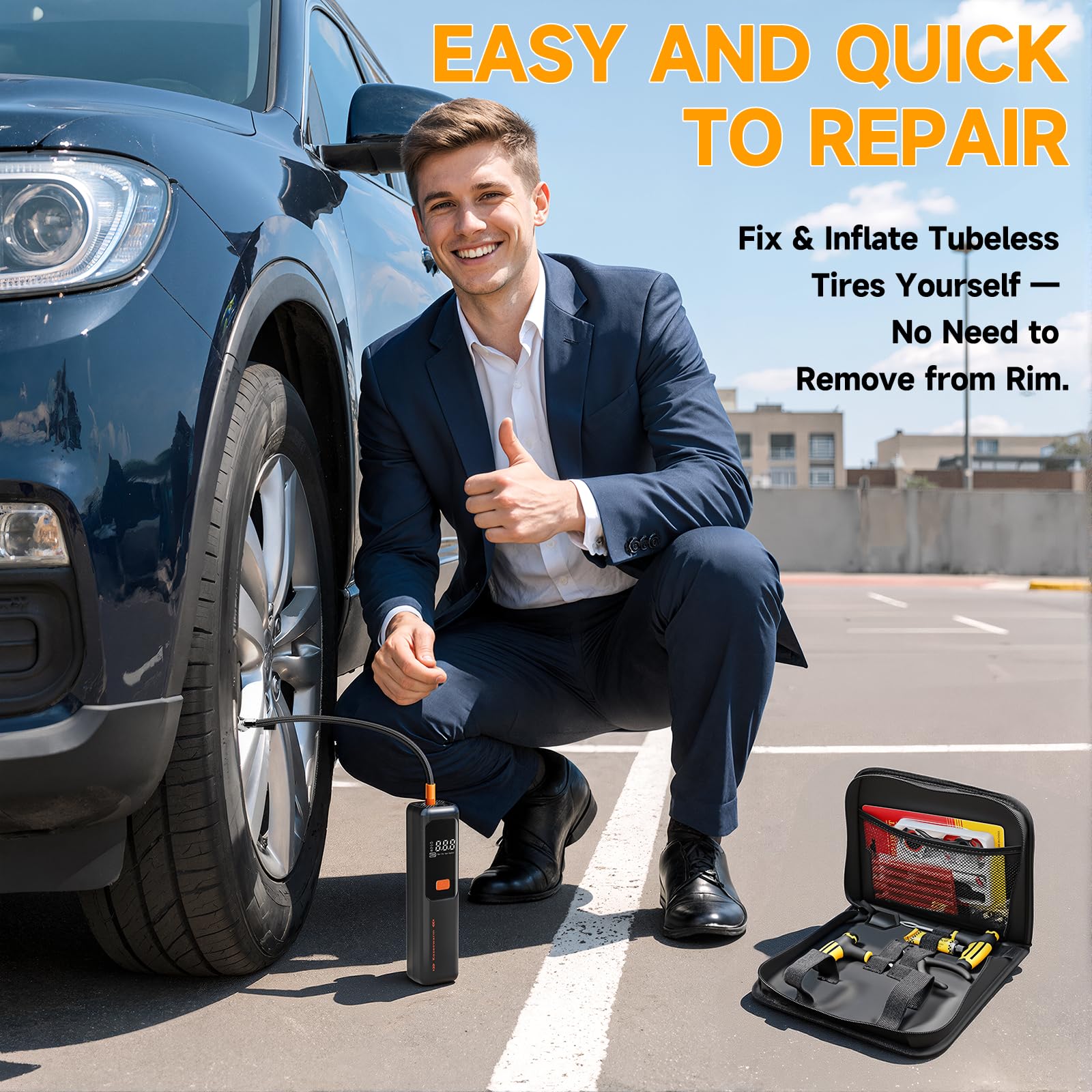 Flat Tire Repair Kit - Air Compressor Included -6