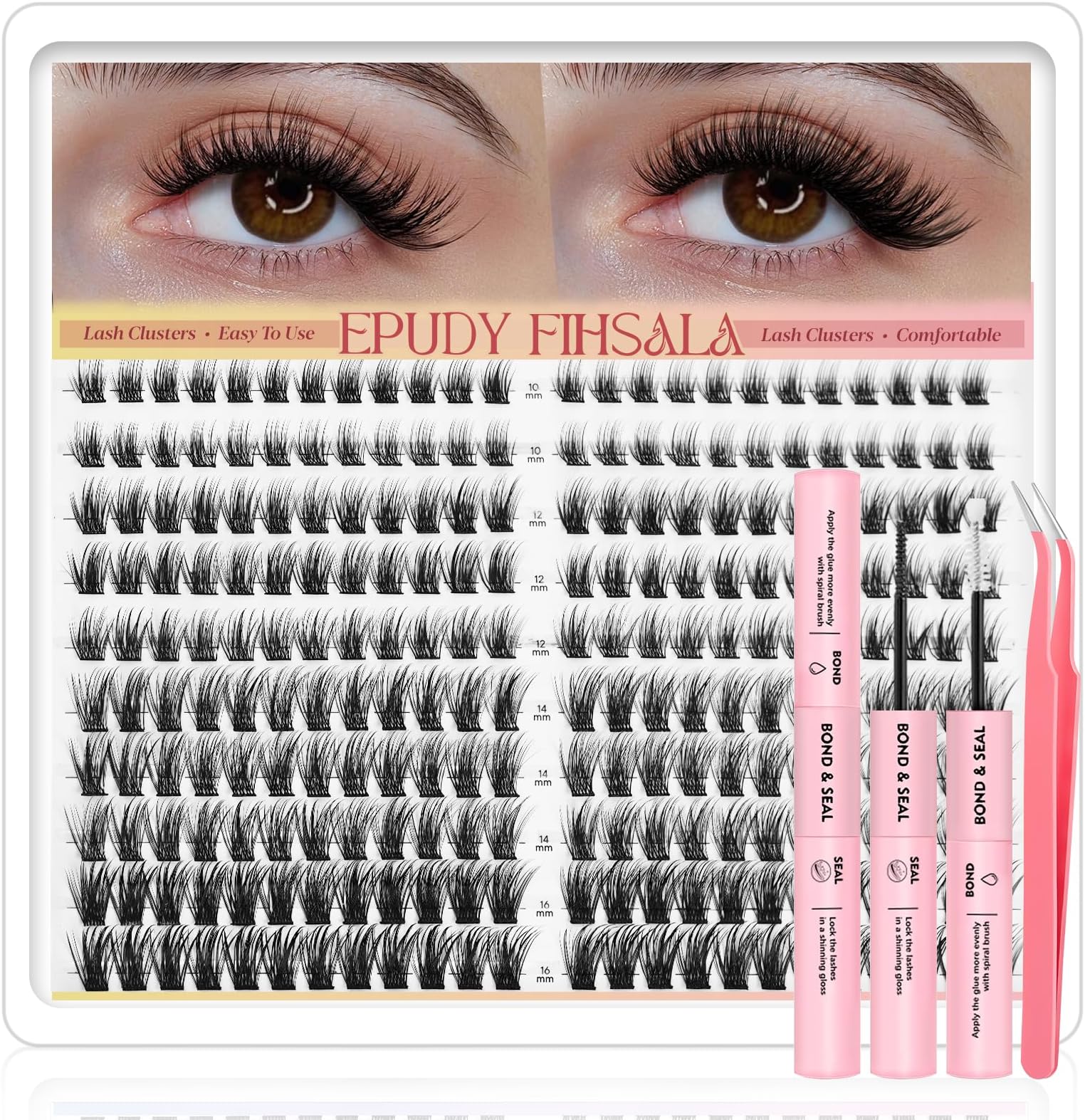 Fluff Lash Clusters Kit 240pcs Wispy DIY Lash Clusters 10–16mm D-Curl Individual Cluster Lashes Soft Thin Band with Lash Bond & Seal for Natural Volume Look Easy At-Home Application by EPUDY FIHSALA
