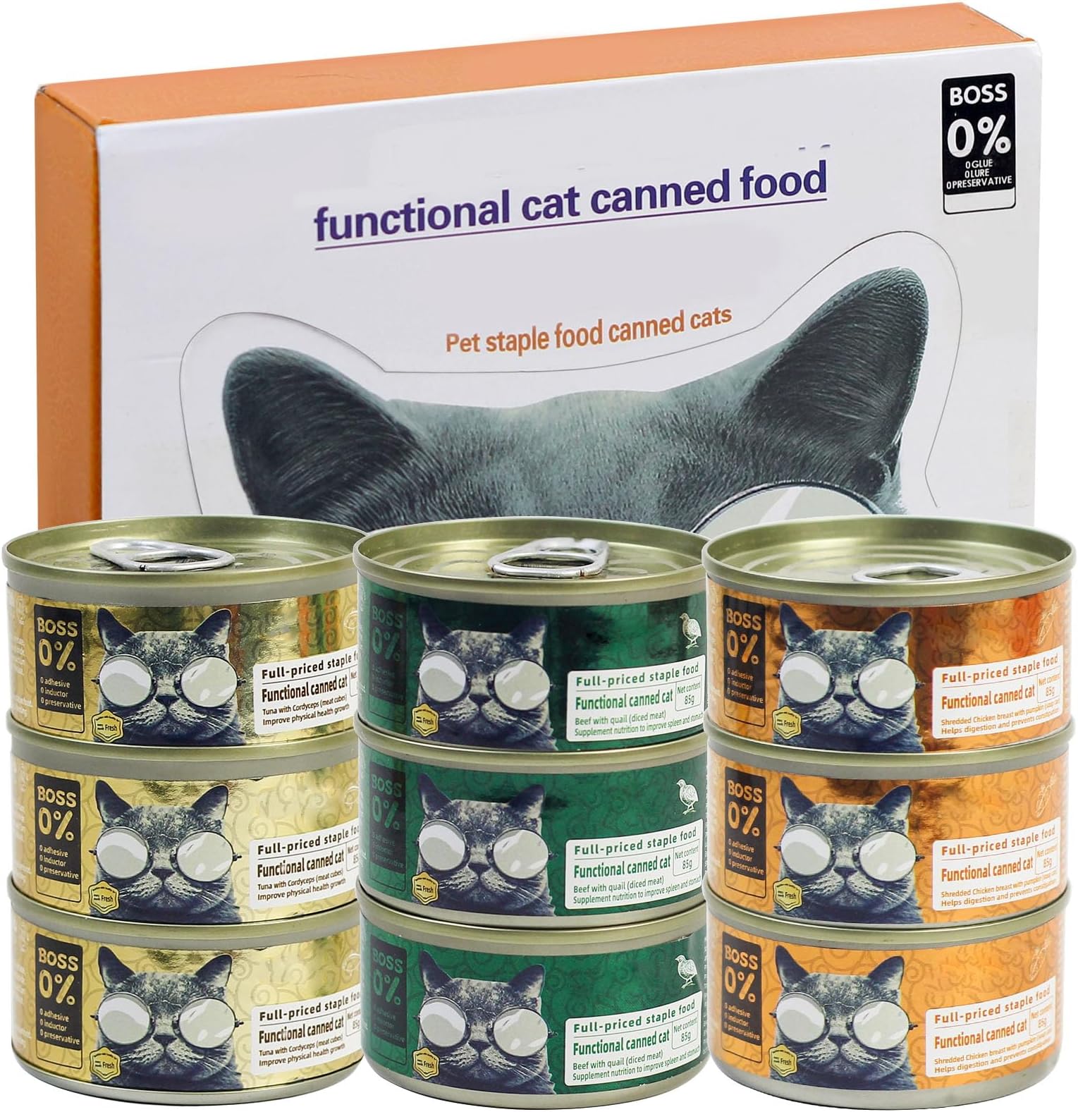 SKY-TOUCH Complete Wet Cat Food Variety Pack, Cat Canned Food, Chicken, Beef & Tuna, 85g Cans (Pack of 9), 0 Glue, 0 Lure, 0 Preservative, Natural & Balanced Nutrition