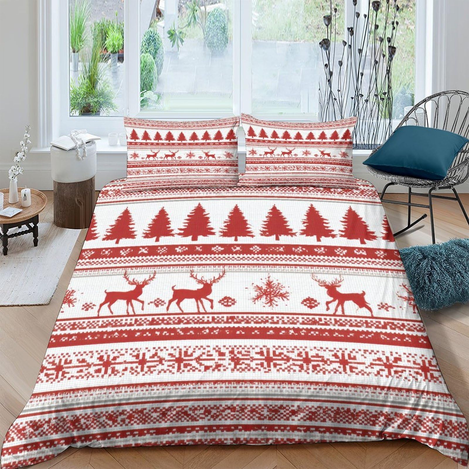 Ctjqhvkz Style-3 3D Printed Nordic Christmas Tree Fitted Sheet Microfiber Red Reindeer Mattress Cover For Bedroom Guest Room Decor Single（135X200cm）
