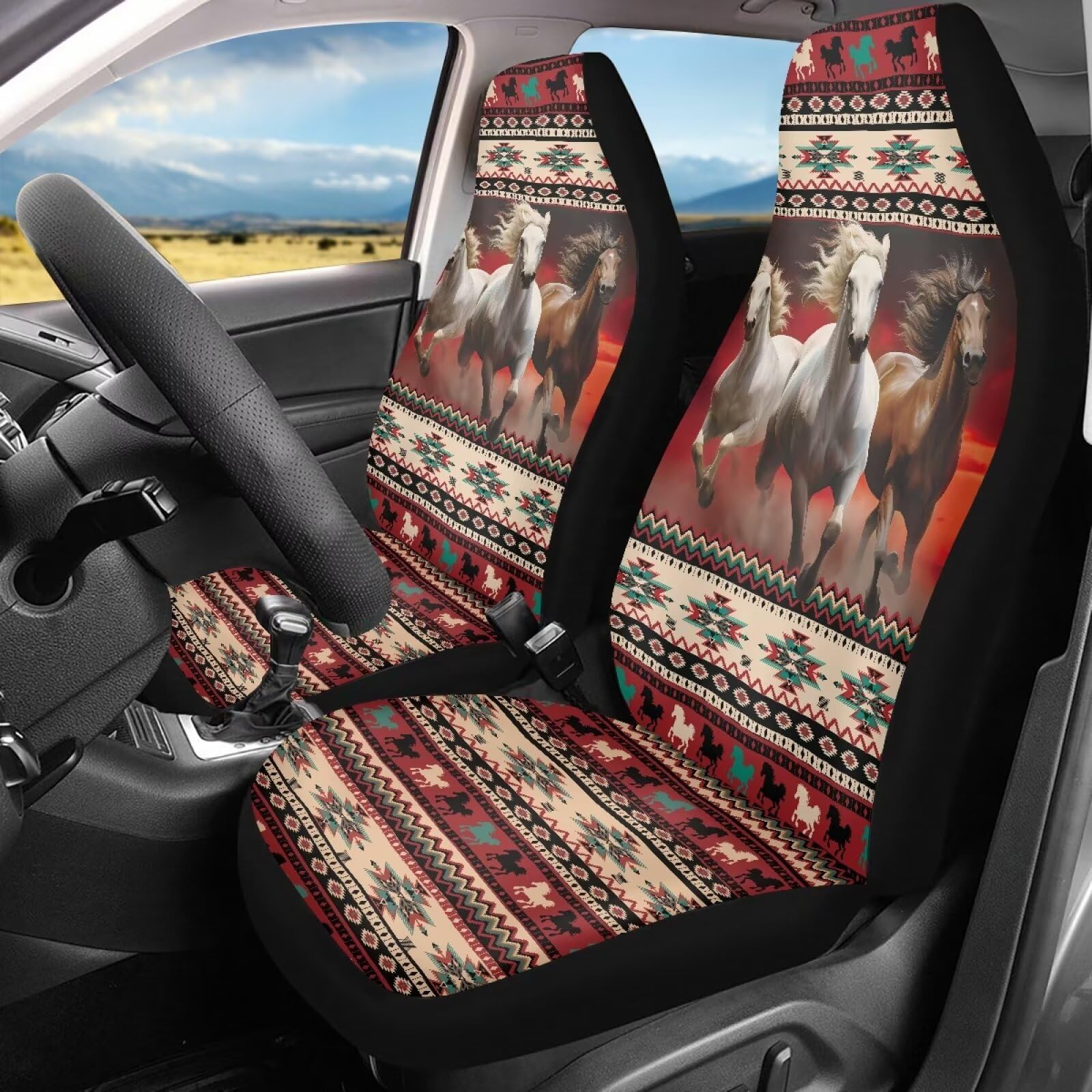 Salabomia Aztec Car Seat Cover for Women, Southwest Horse Seat Cover Universal Fit 2 Piece Stretchy Breathable Bucket Vehicles Seat Cover Front Seats