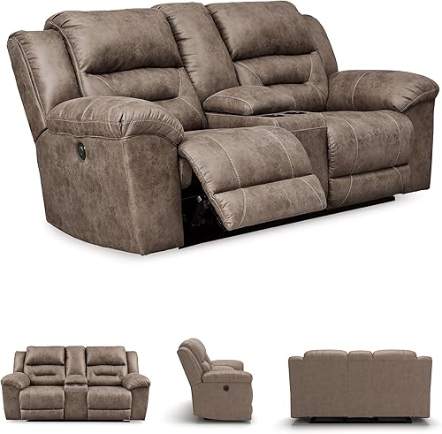 Miniatura 16 de Signature Design by Ashley Stoneland - Sofá biplaza reclinable manual de piel sintética con consola central, color marrón claro