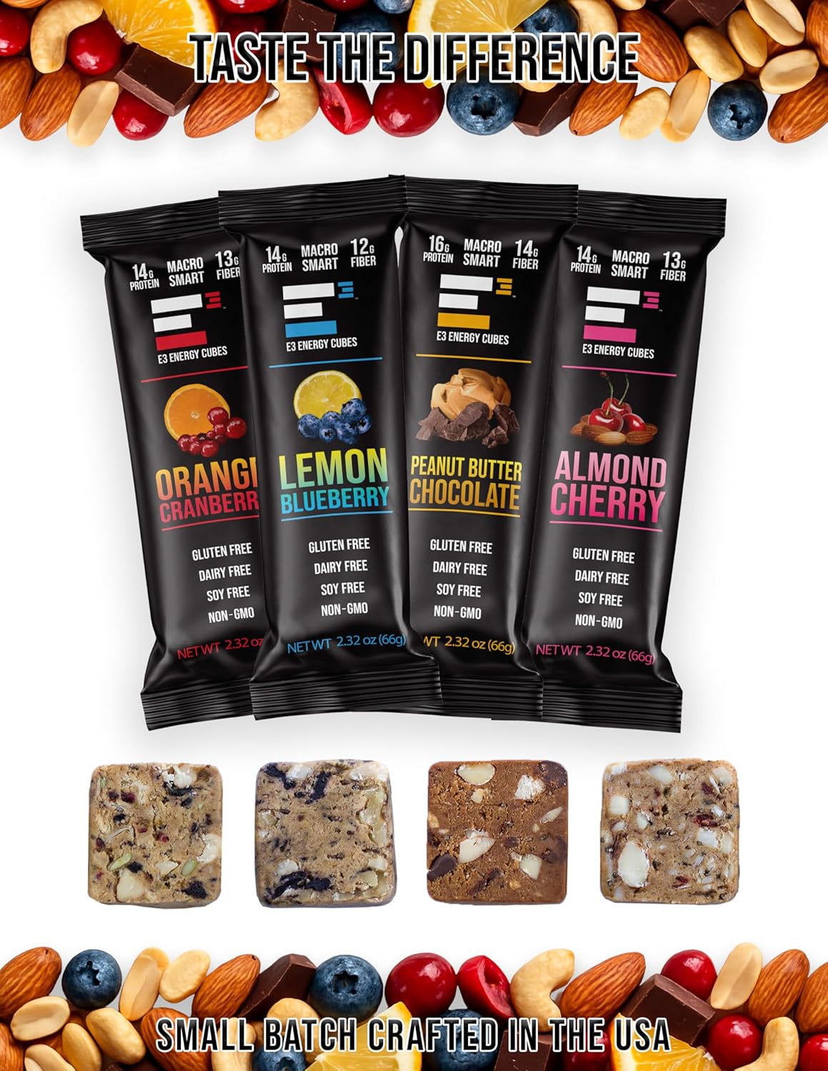 E3 Energy Cubes- Original Variety Pack - 3 of Each Original Flavor- Refrigerated Protein Bars | Healthy Snack Bars, Gluten Free, Dairy Free, Soy Free, | Made in USA Pack of 12