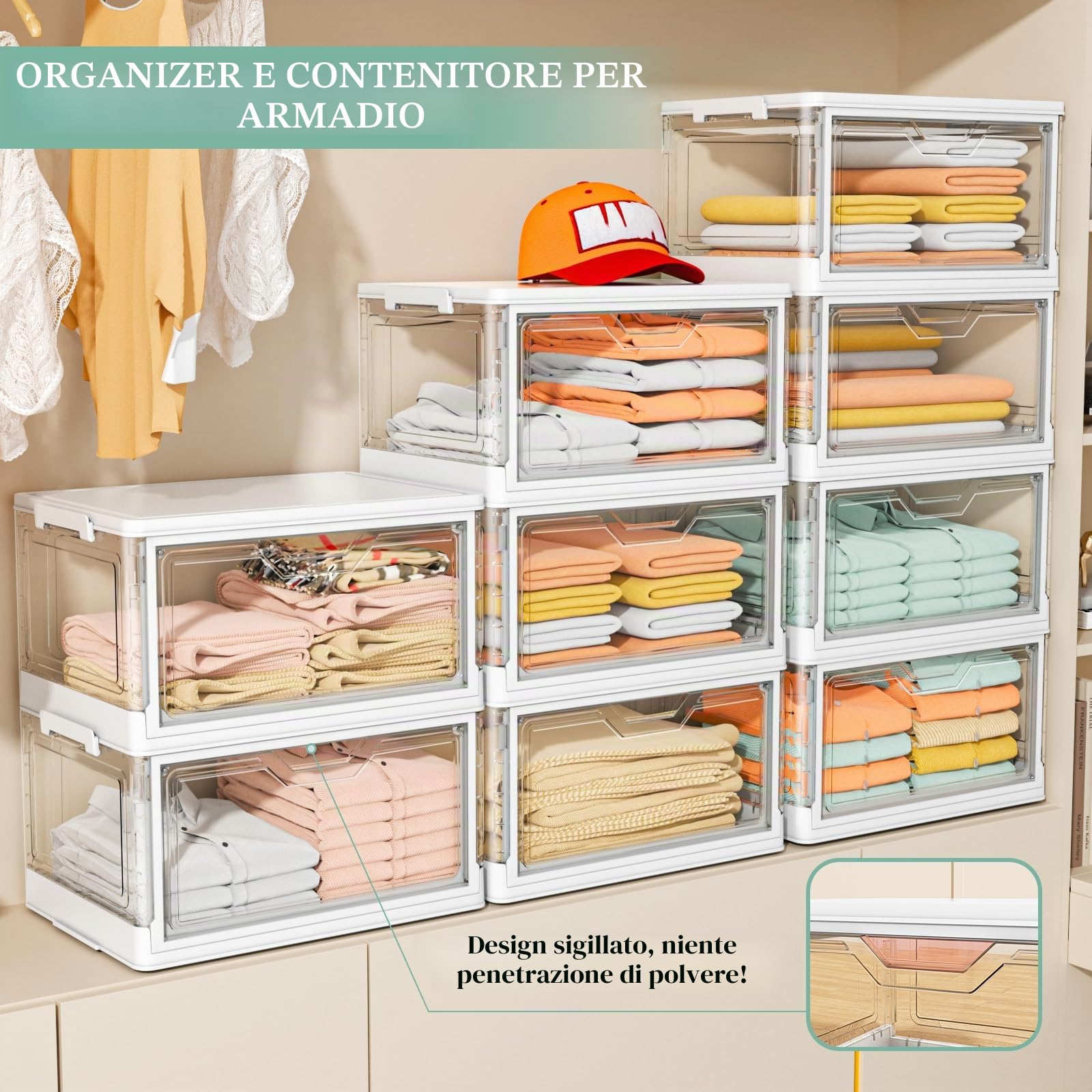 Scatole portaoggetti con coperchio, impilabili a 4 ripiani, 23 l, trasparenti, grandi contenitori per camera da letto, soggiorno, bagno, 4 strati e 1 coperchio