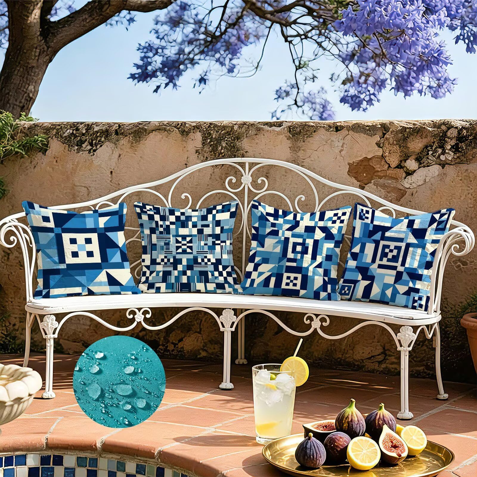 Blu Federe Cuscini Divano 60x60cm, Cuscini da Esterno Set de 4, Cod-47 | Velour Copricuscini Decorativi Letto Arredo, per Letto, Soggiorno, Giardino, Esterno, Casa Decorazione Set di 4 Geometria