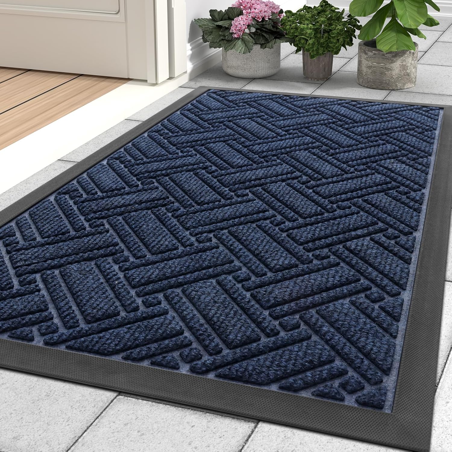 OLANLY Indoor Outdoor Mat, Sturdy Natural Rubber Floor Mat, Non Slip Low Profile Waterproof Doormat, and Stain Front Door Mats, Easy Clean Patio Entrance Mat, 48''x32'', Navy