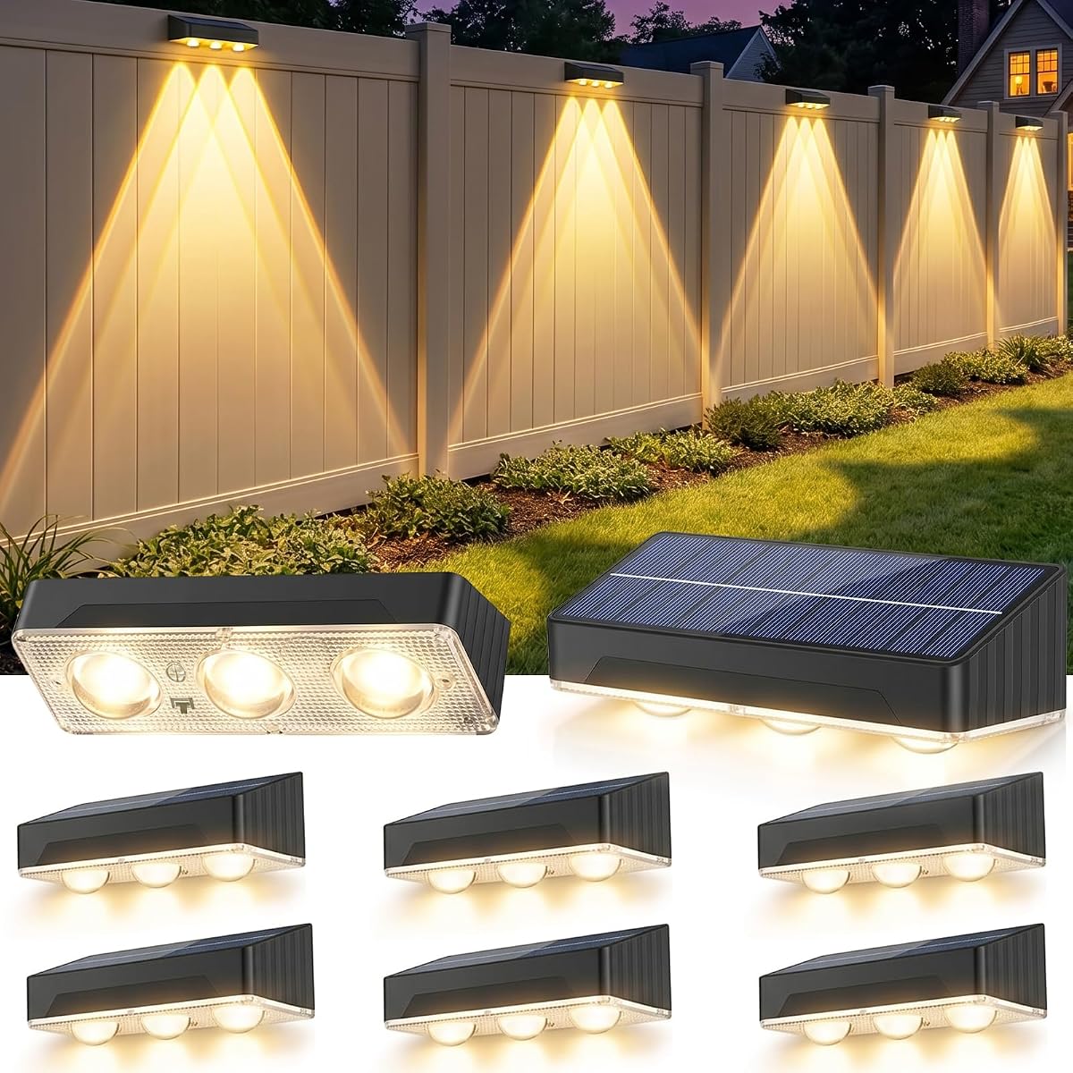 Solar Fence Lights Outdoor 8 Pack Waterproof Upgraded Brightness 3 LED Lens Solor Deck Lights Warm Cool Natural White RGB 10 Color Outside Solar Powered Wall Light for Backyard Garden Patio Step Rail