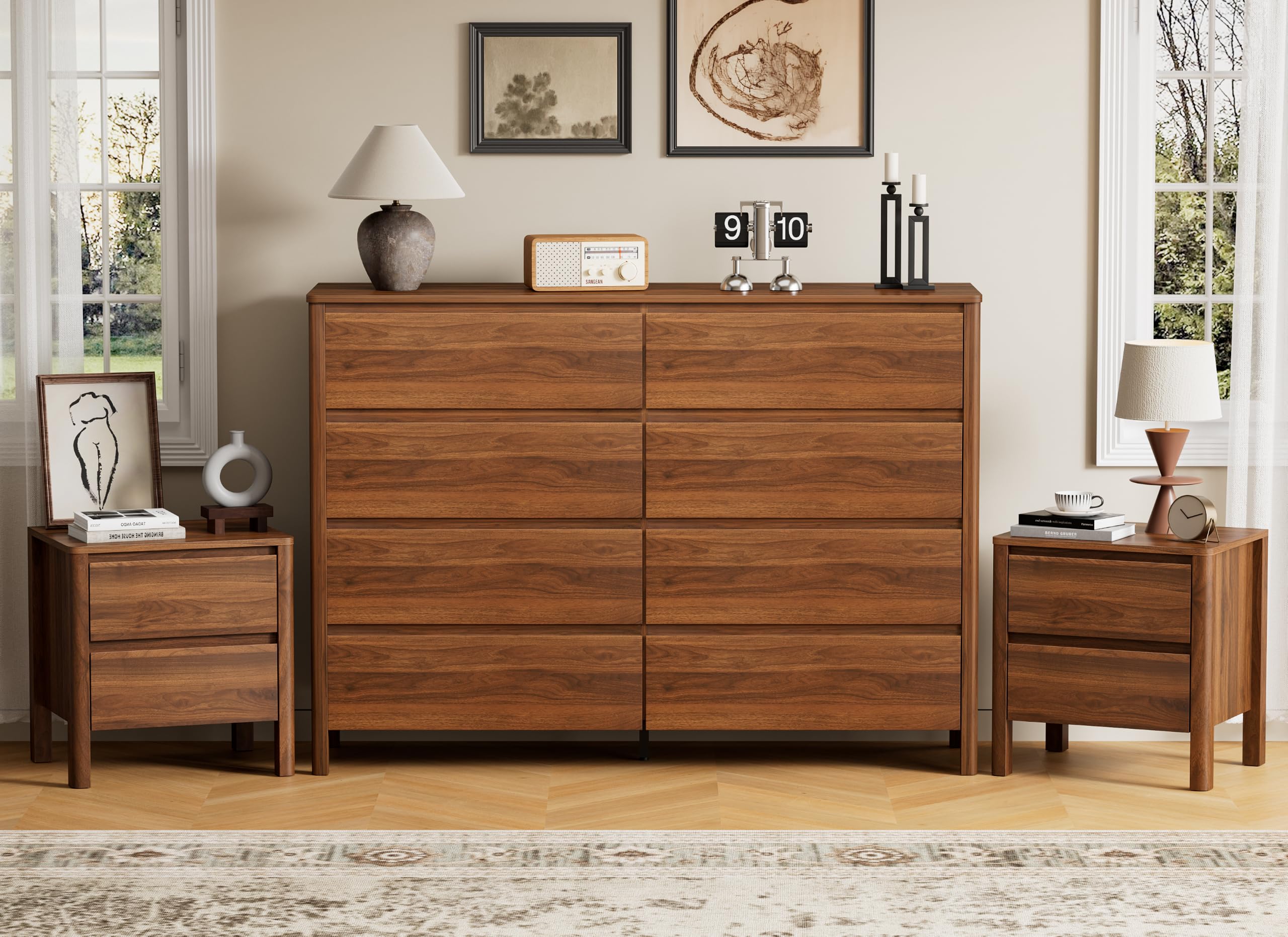 Furniway Walnut Mid-Century Modern Dresser and Nightstand Sets 3 Piece