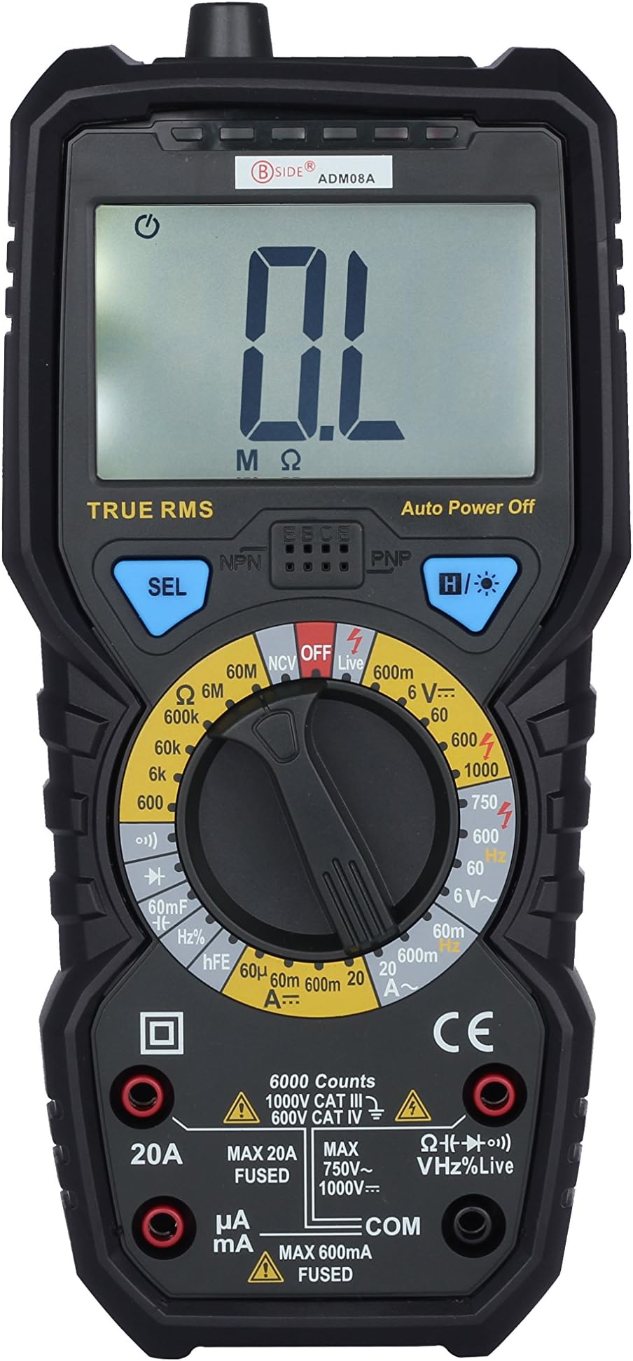 ADM08A True RMS Digital Multimeter Capacitance Frequency Meter Transistor Tester NCV Color LED Alarm