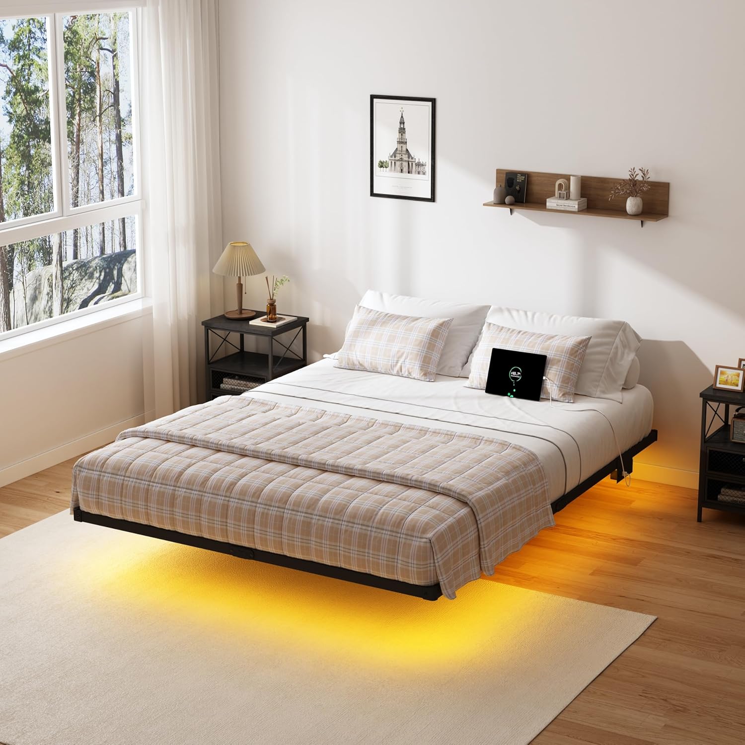 Floating Bed Frame Queen with LED Lights, 10" Metal Platform Bed Frame with Heavy Duty Steel Slats, No Box Spring Needed, Noise-Free, Easy to Assemble