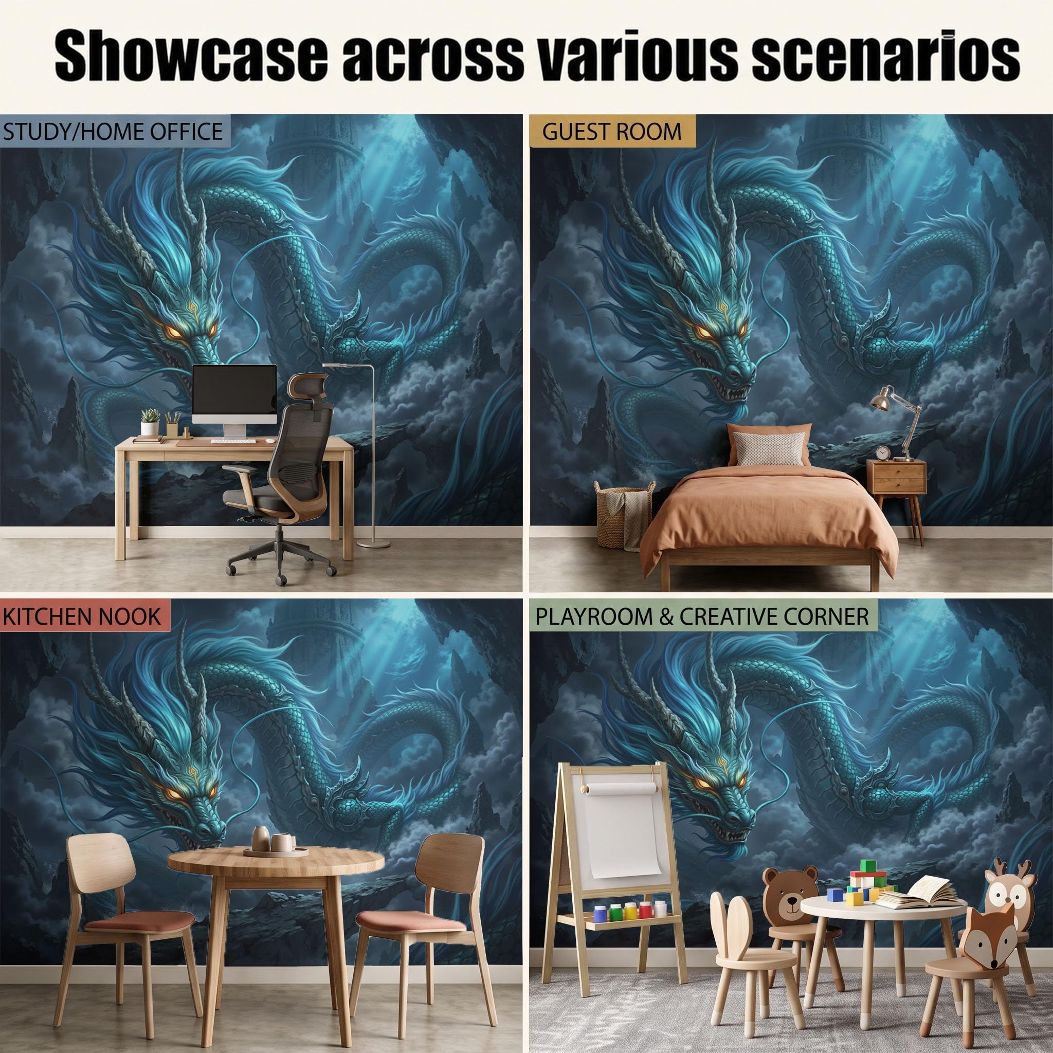Papier Peint Panoramique Intissé Dragon Oriental Fantastique En 3D 450X315Cm | Papier Peint Photo Paysage Grotte Brumeuse,Fresque Murale Cyan Foncé,Affiche Géante Pour Salon Chambre Décoration Murale