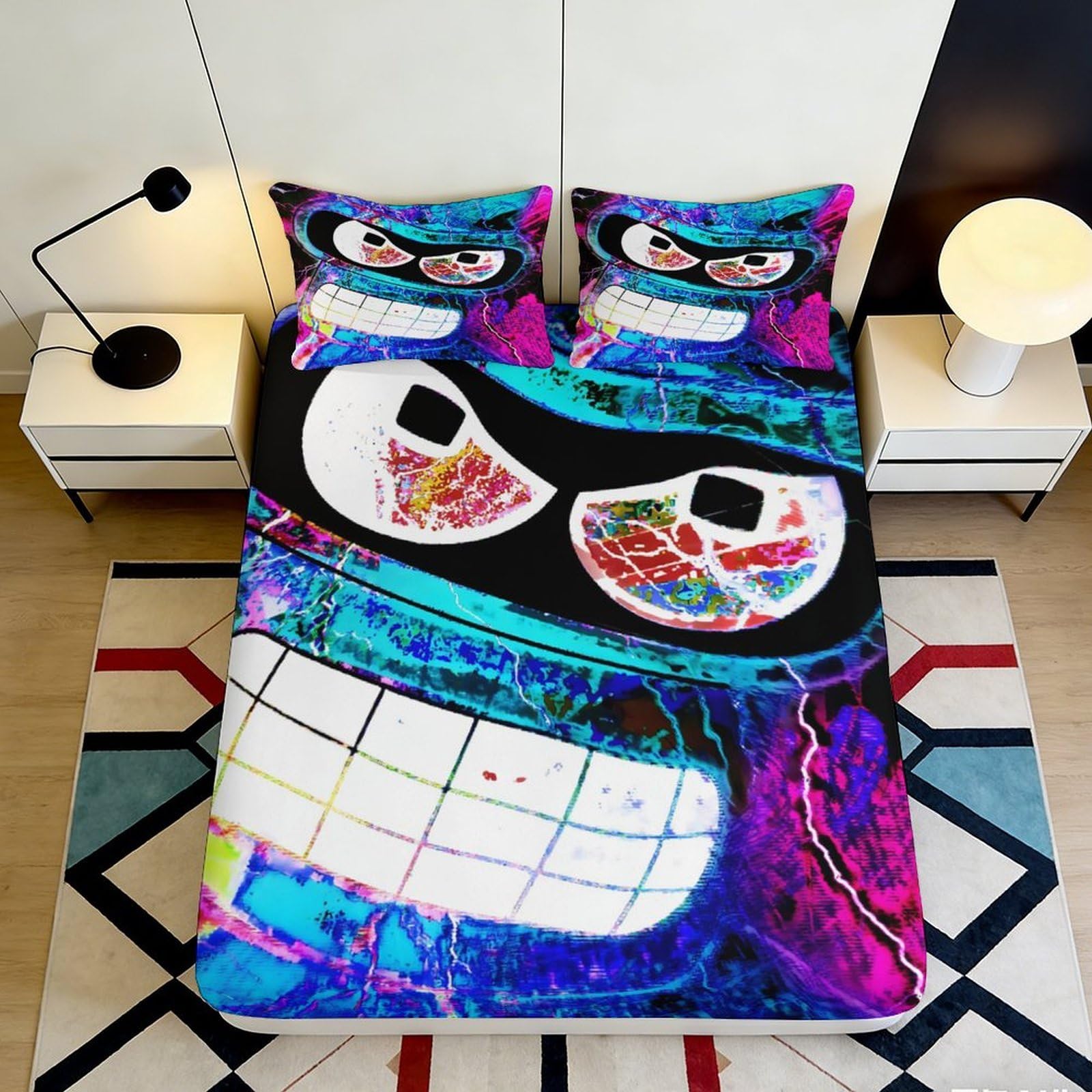 3D Printed Colorful Cartoon Face Fitted Sheet Microfiber Soft Breathable Abstract Pattern Mattress Cover for Bedroom Dormitory Guest Room Protection Decor 200x200x25cm