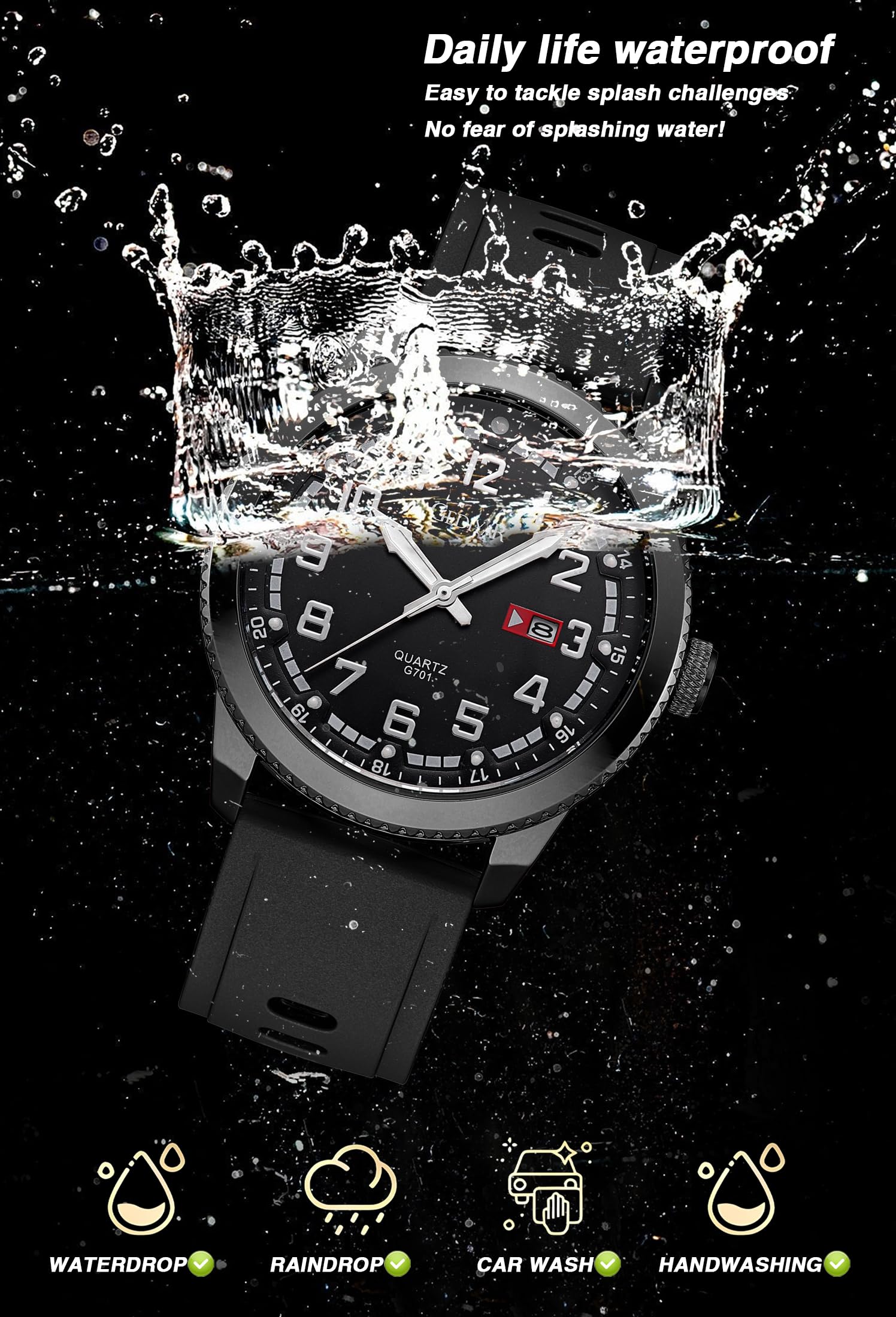 Orologio da uomo con quadrante grande, impermeabile, cinturino in silicone, analogico al quarzo, facile da leggere, con data, orologio sportivo luminoso – durevole ed elegante (G701 nero),