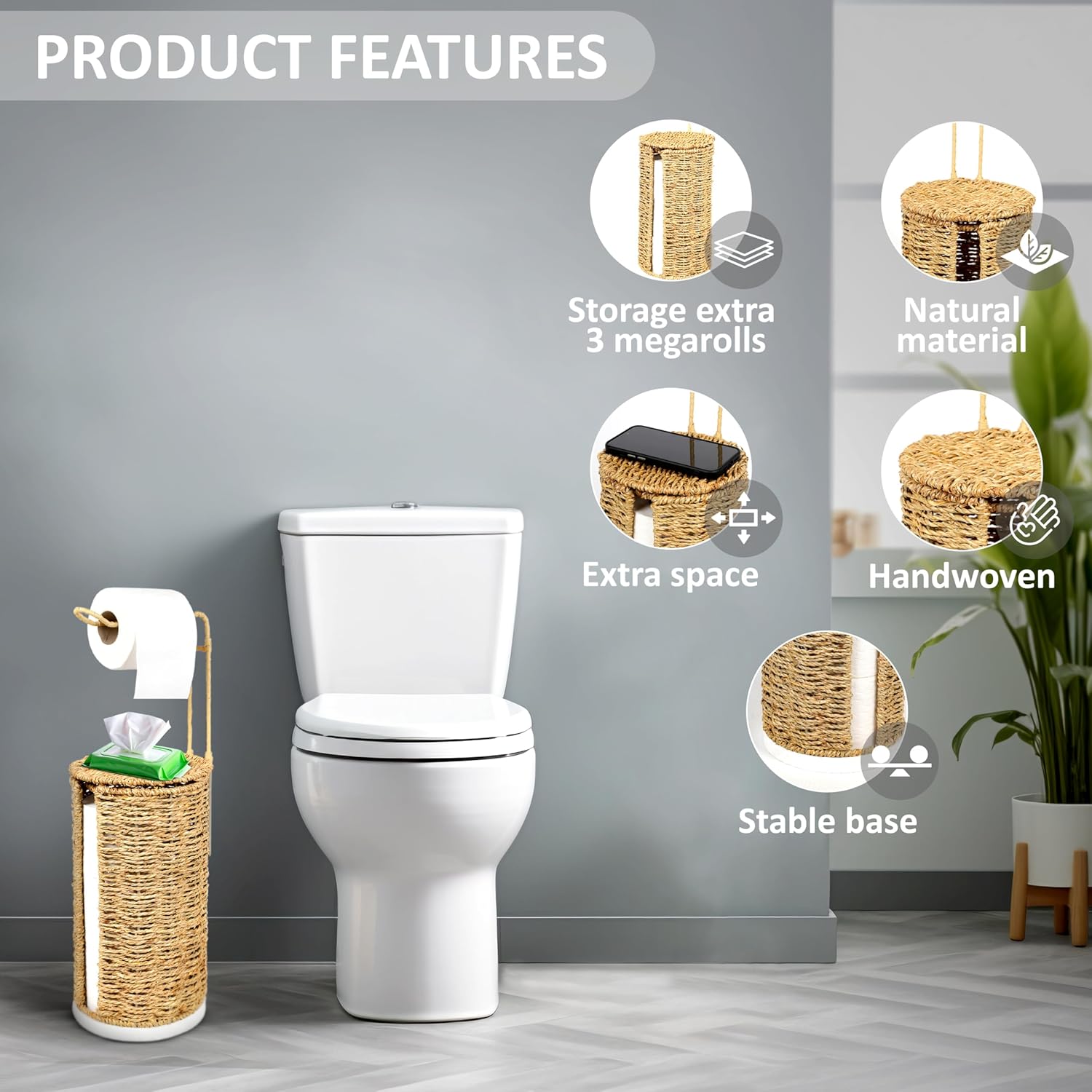 Freestanding Wicker Toilet Paper Holder with Lid, 3 Rolls of Toilet Tissue Storage, Rattan Handmade Woven Toilet Paper Roll Holder Stand, Decorative Boho Bathroom Farmhouse Toilet Paper Holder