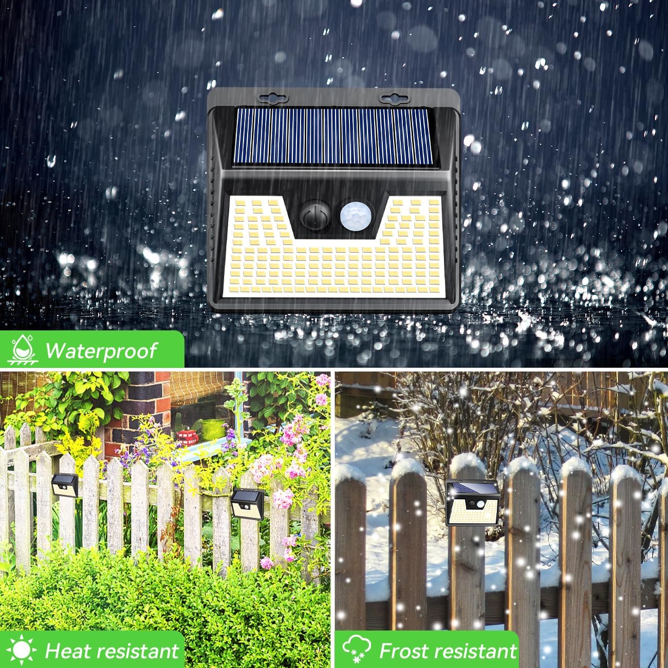 A nipify solar light being rained on, demonstrating its waterproof design, and two lights installed on a fence in both sunny and snowy conditions.