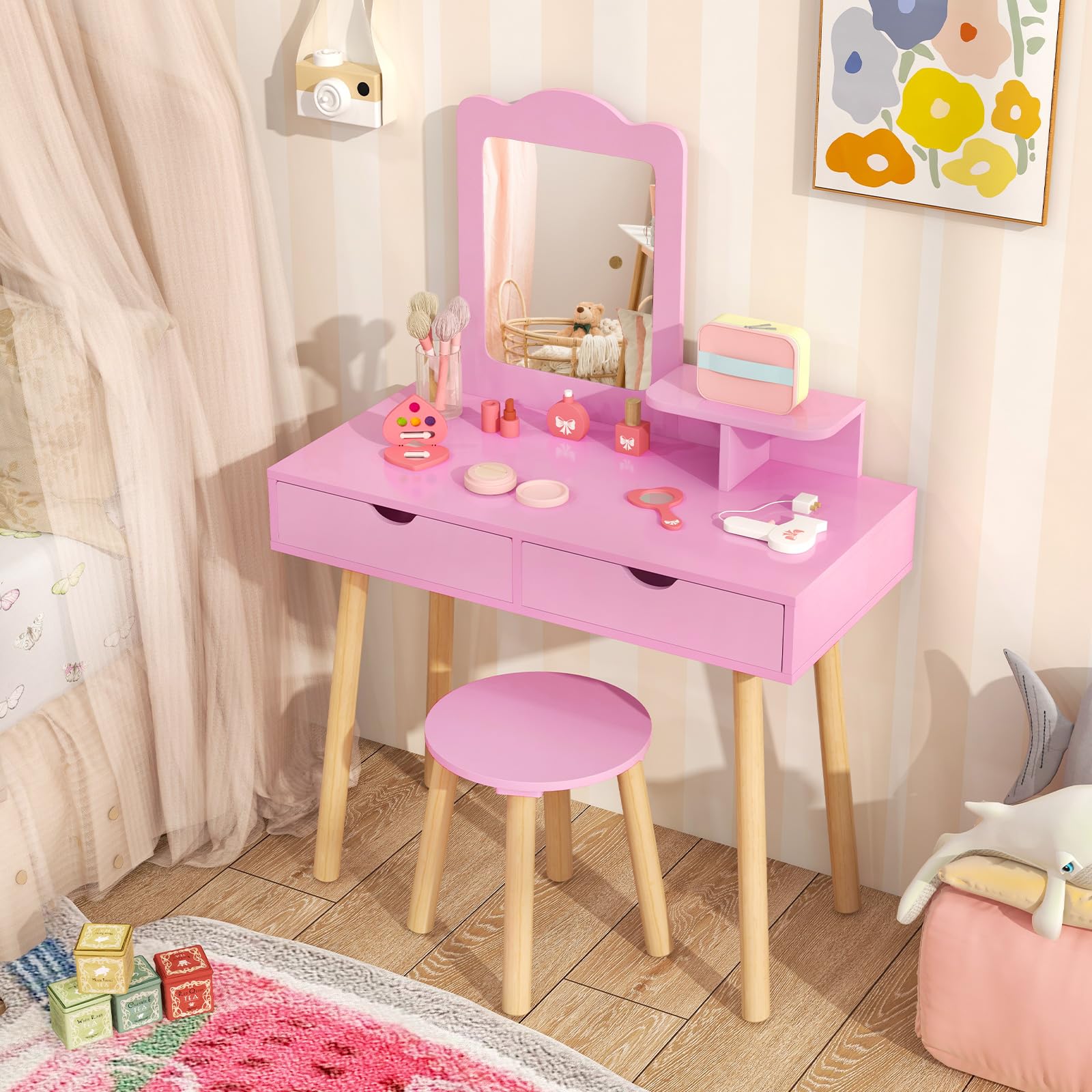 KOTEK Kids Vanity with Mirror and Stool, Princess Makeup Vanity Dressing Table with Detachable Top, 2 Large Drawers, Solid Wood Legs, Pretend Play Vanity Table Set for Little Girls (Pink)