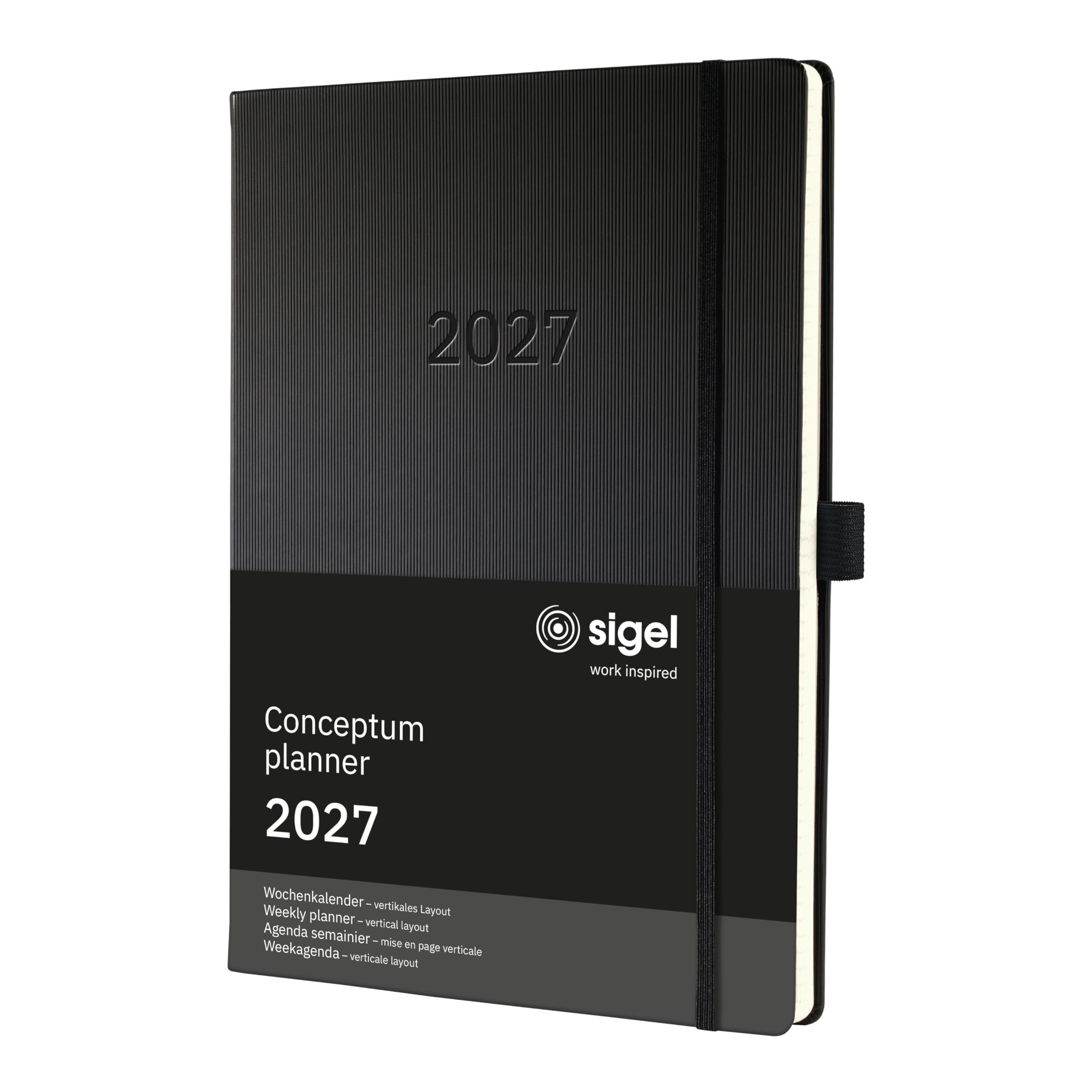 SIGEL C2718 Planungsbuch Wochenplaner Wochenkalender 2027, extra groß, A4+, vertikal, 1 Woche = 2 Seiten, 1 Spalte pro Tag, schwarz, Hardcover, 192 Seiten, Stiftschlaufe, Kalenderbuch Conceptum