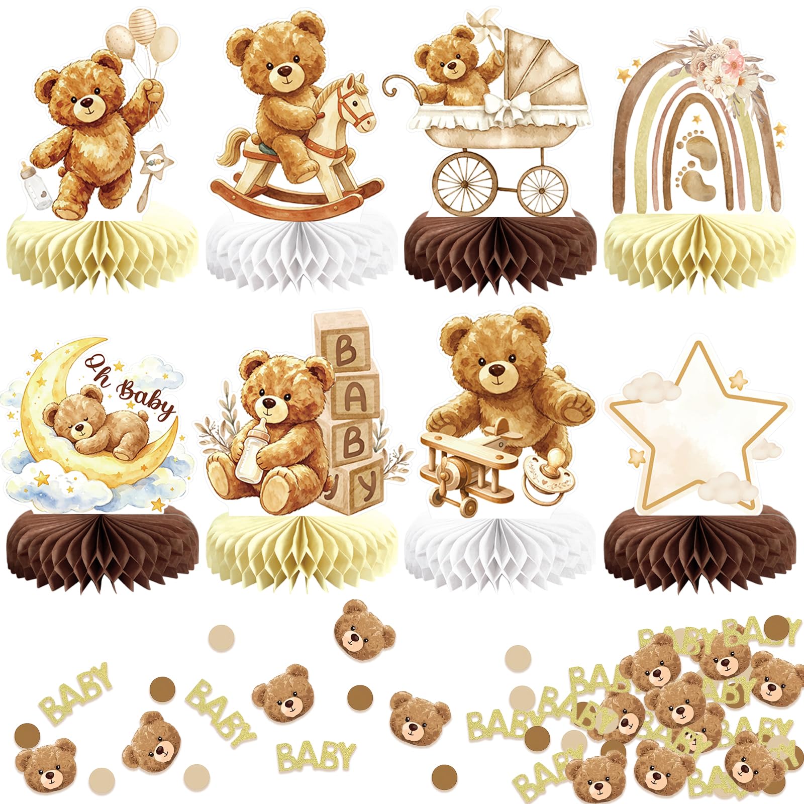 8Pcs Bear Baby Shower Gender Reveal Decorations Honeycomb Centerpieces, Confetti Baby Shower Table Decorations Birthday Party Table Centerpieces Toppers Party Decor (Brown)